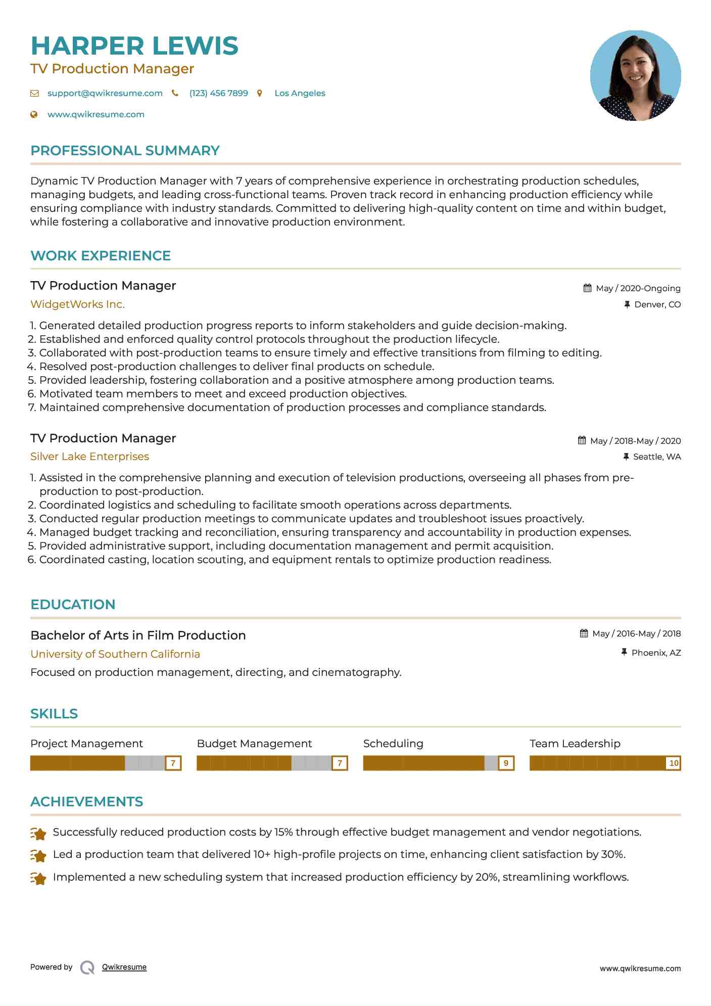 TV Production Manager Resume Example