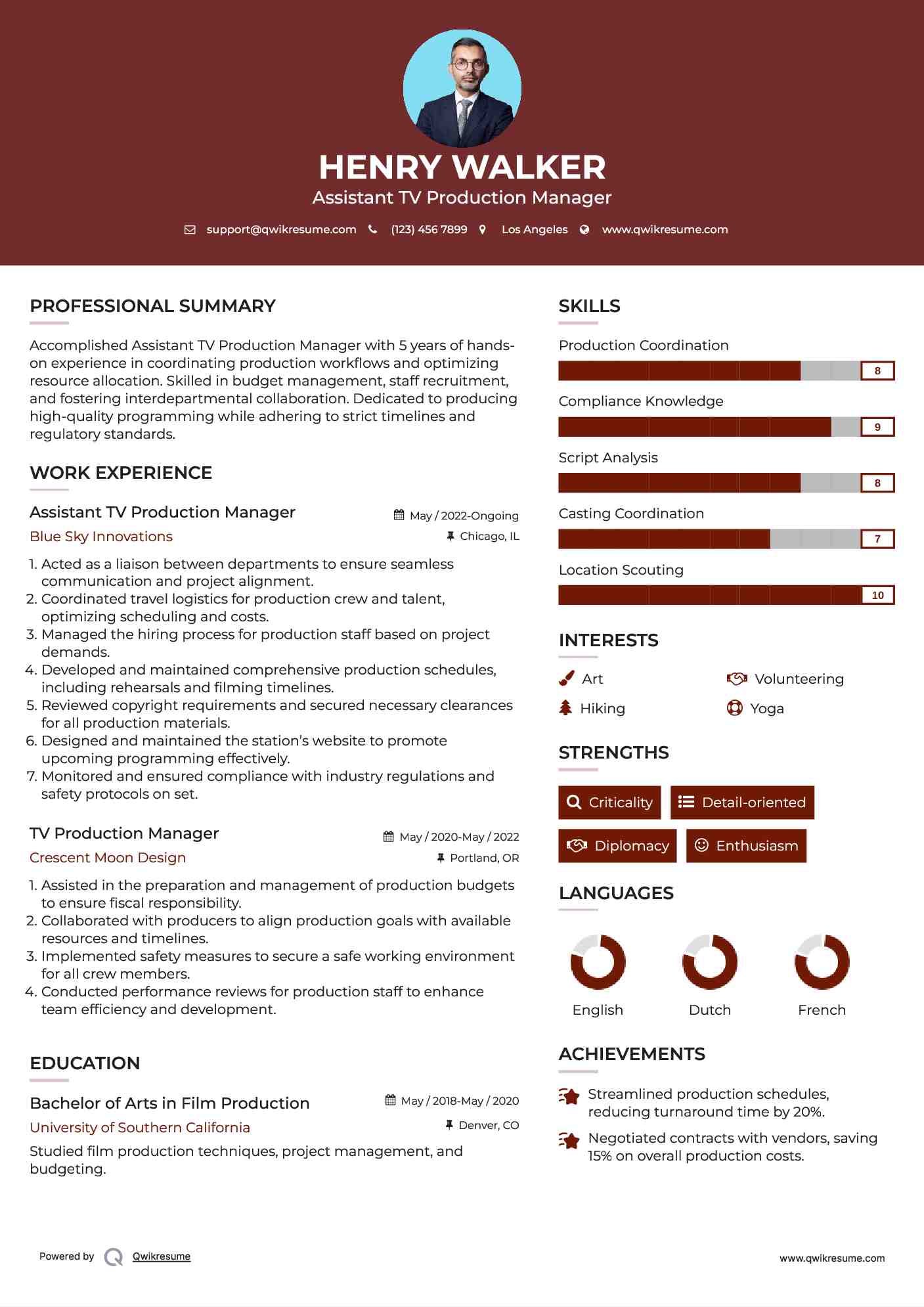 Assistant TV Production Manager Resume Format