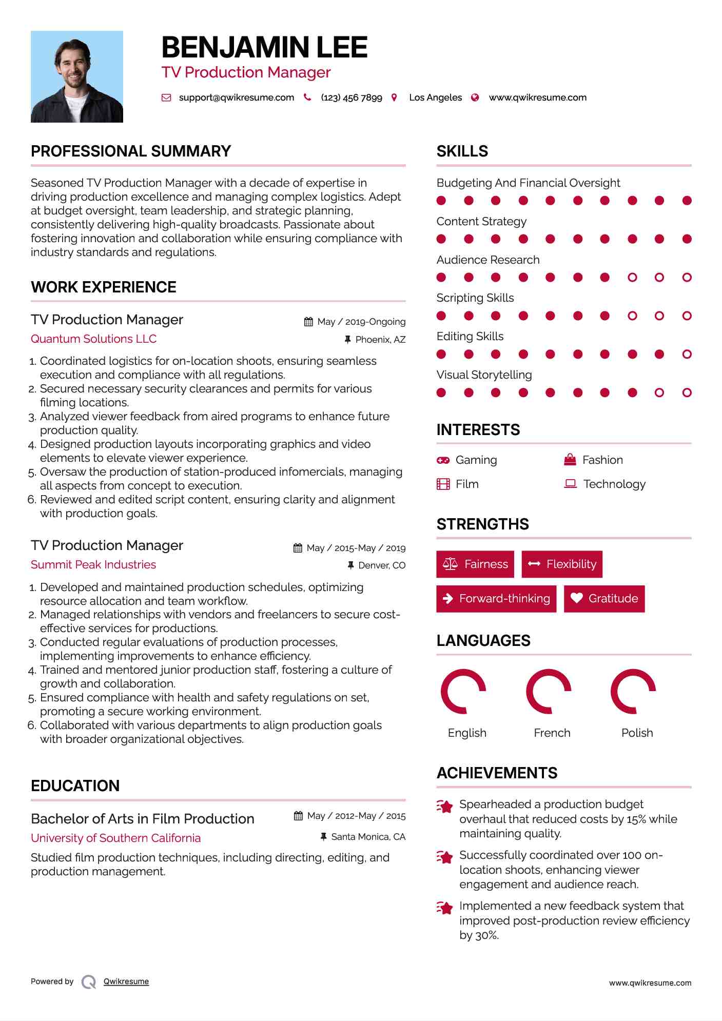 TV Production Manager Resume Sample