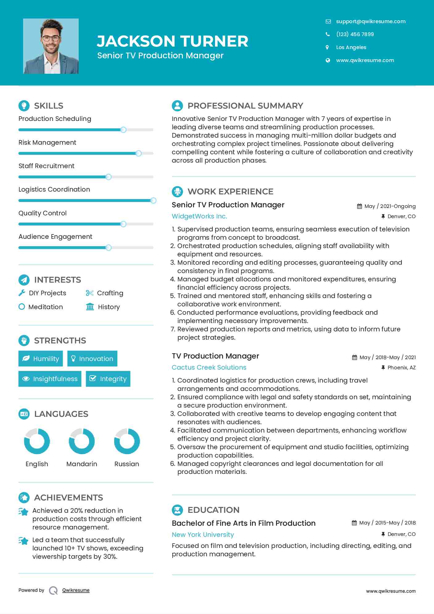 Senior TV Production Manager Resume Example