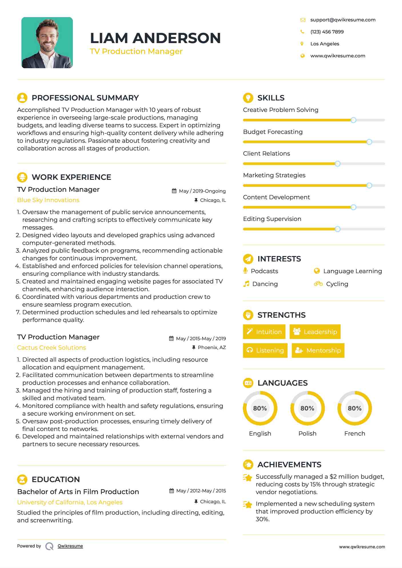 TV Production Manager Resume Template