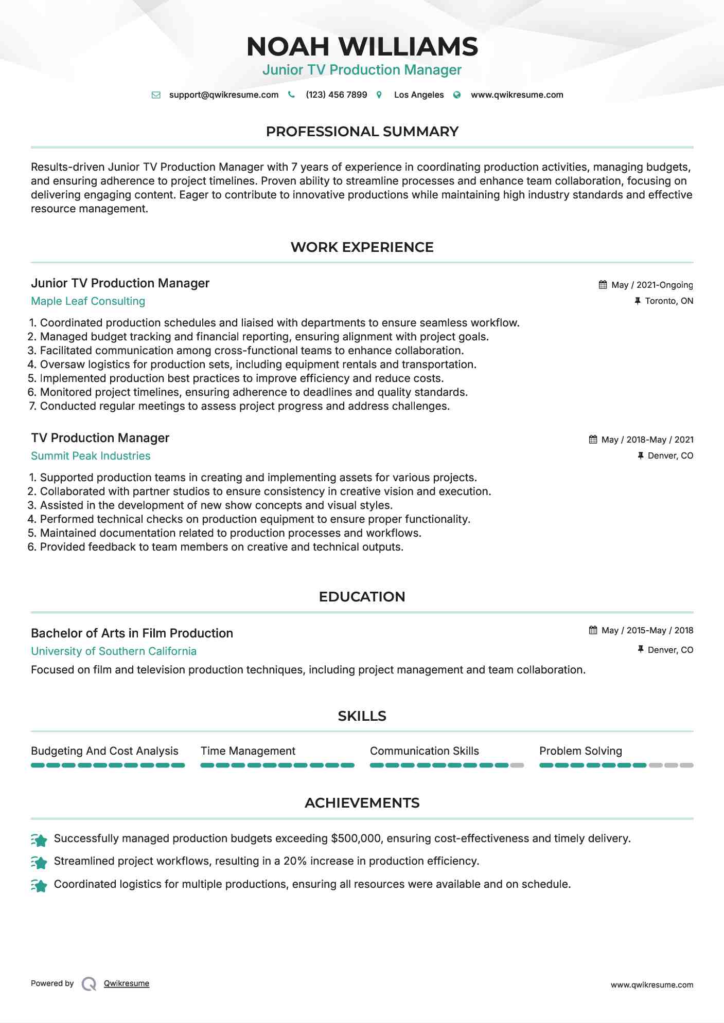 Junior TV Production Manager Resume Model