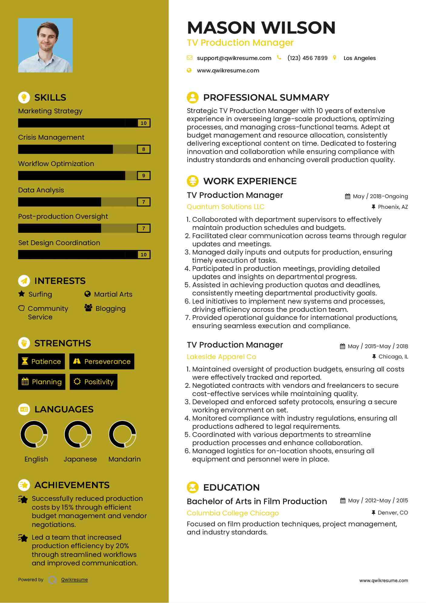 TV Production Manager Resume Template