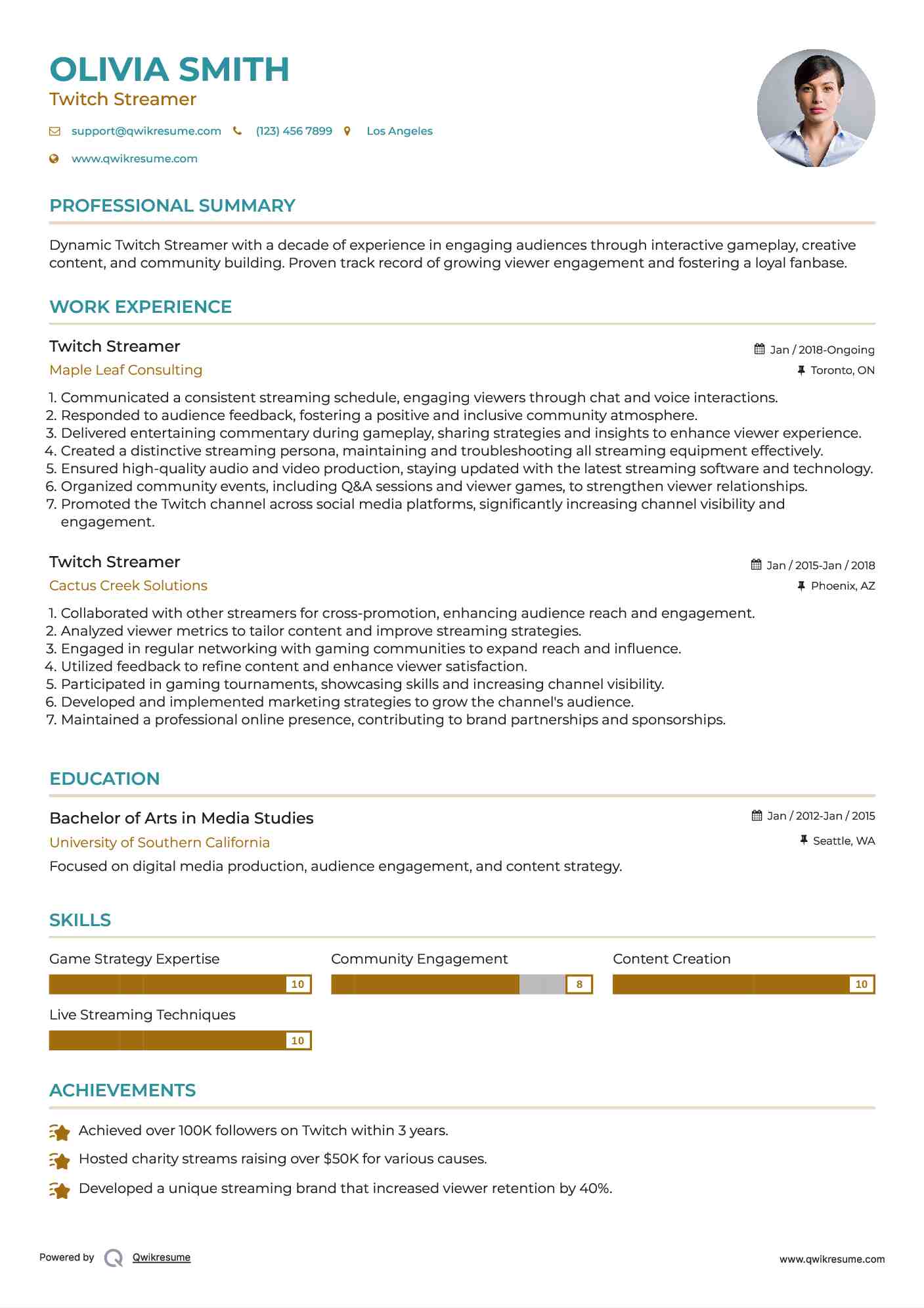 Twitch Streamer Resume Model