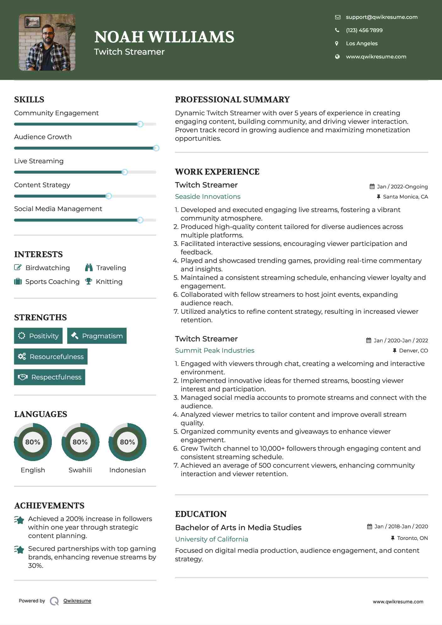 Twitch Streamer Resume Sample
