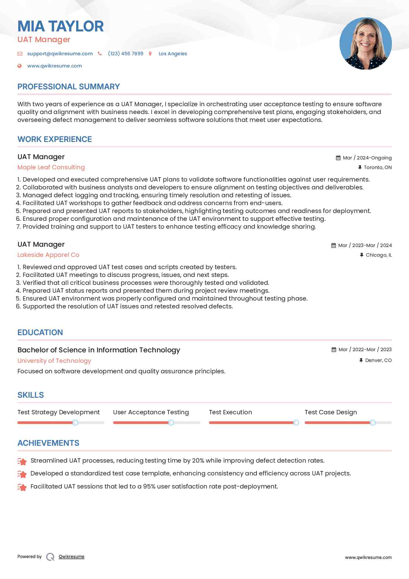 UAT Manager Resume Example