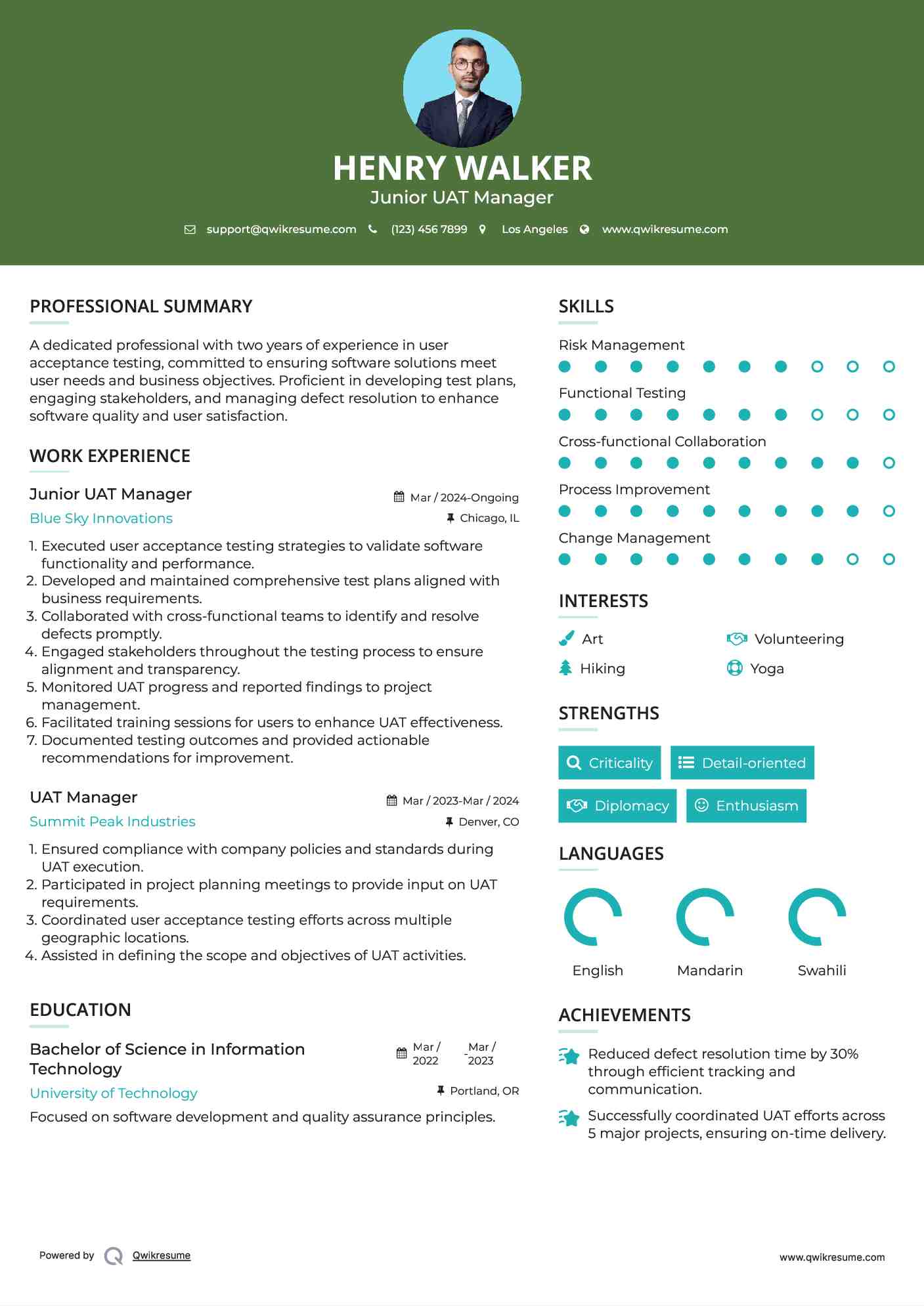 Junior UAT Manager Resume Format