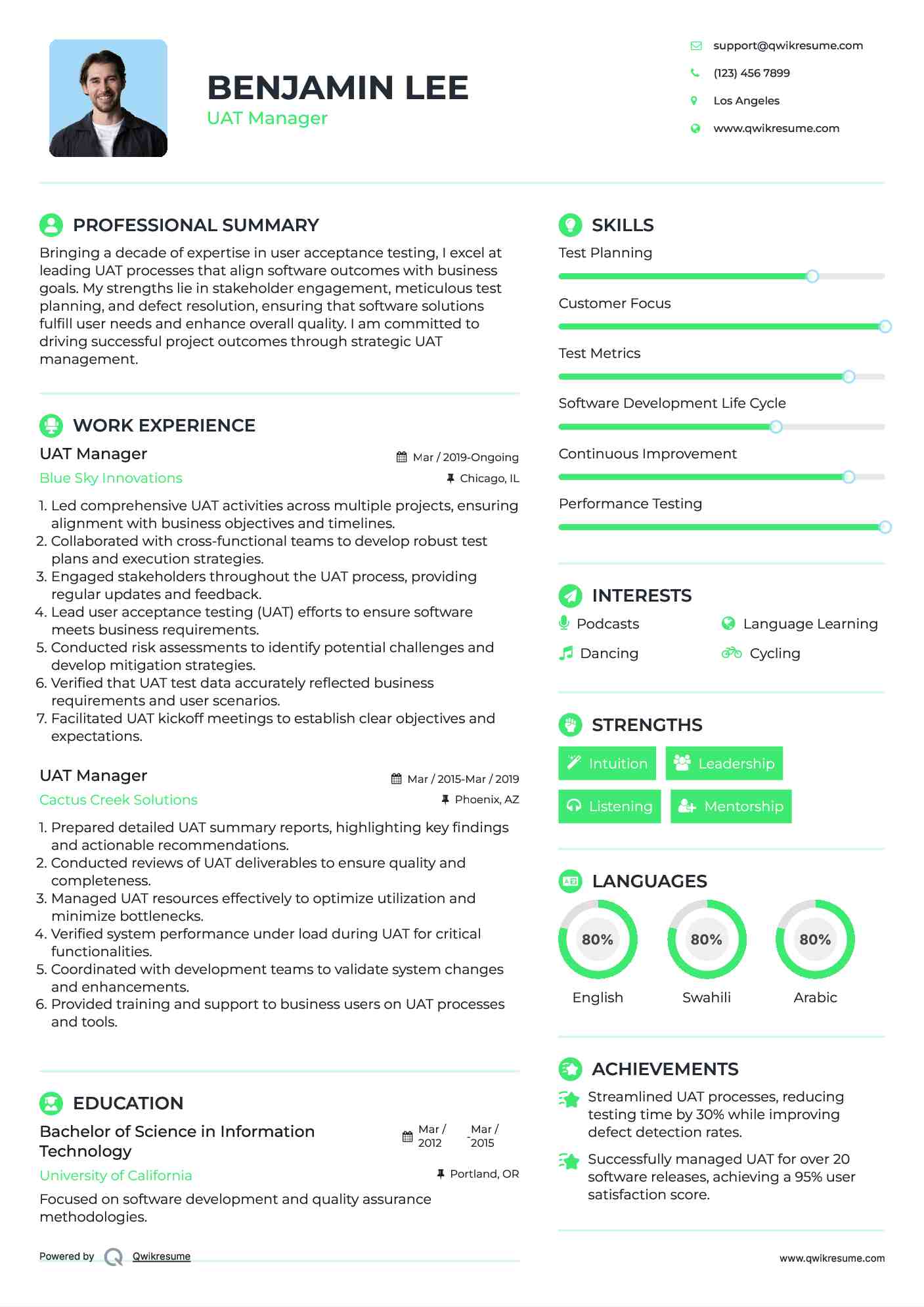 UAT Manager Resume Example