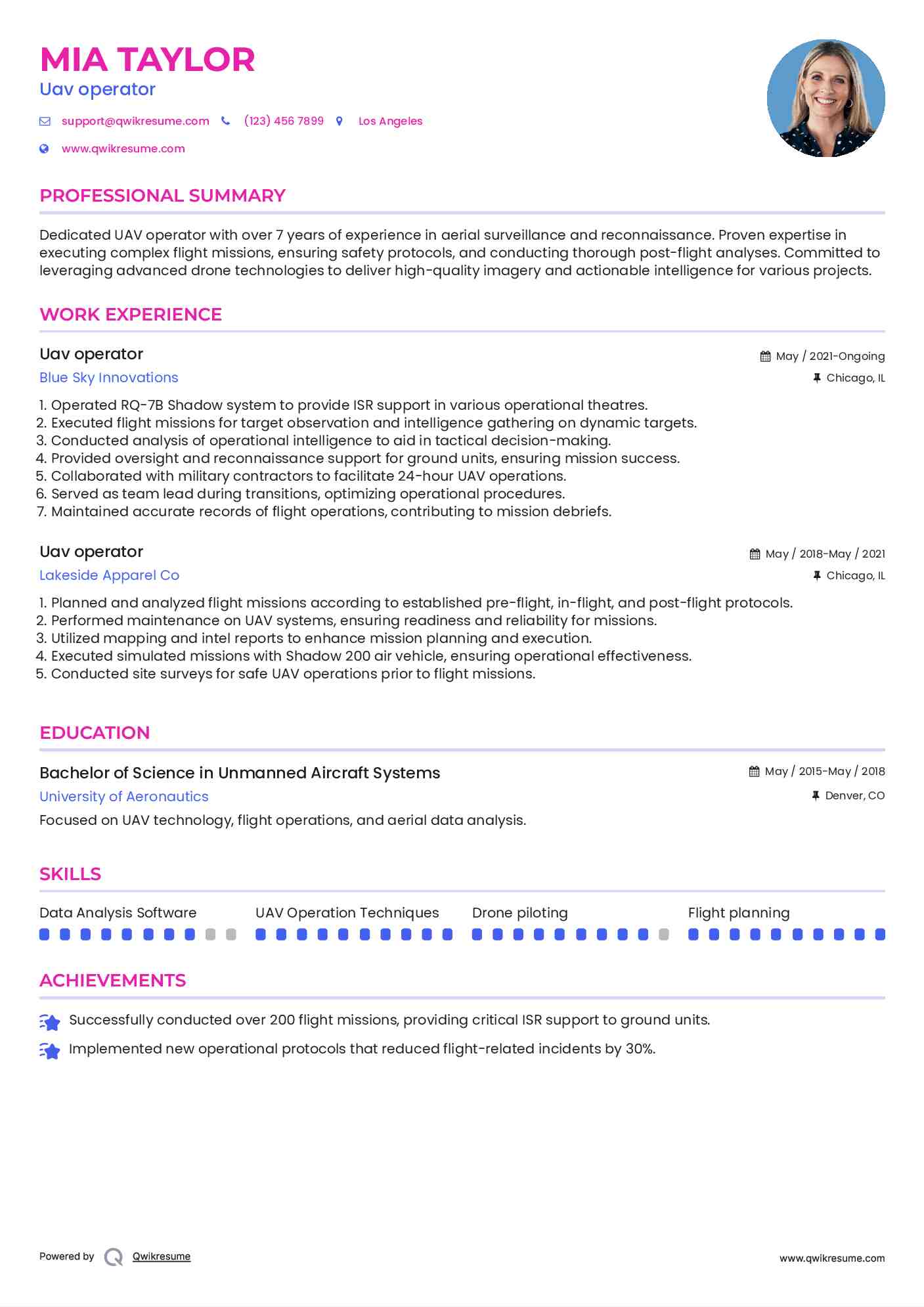 Uav operator Resume Example