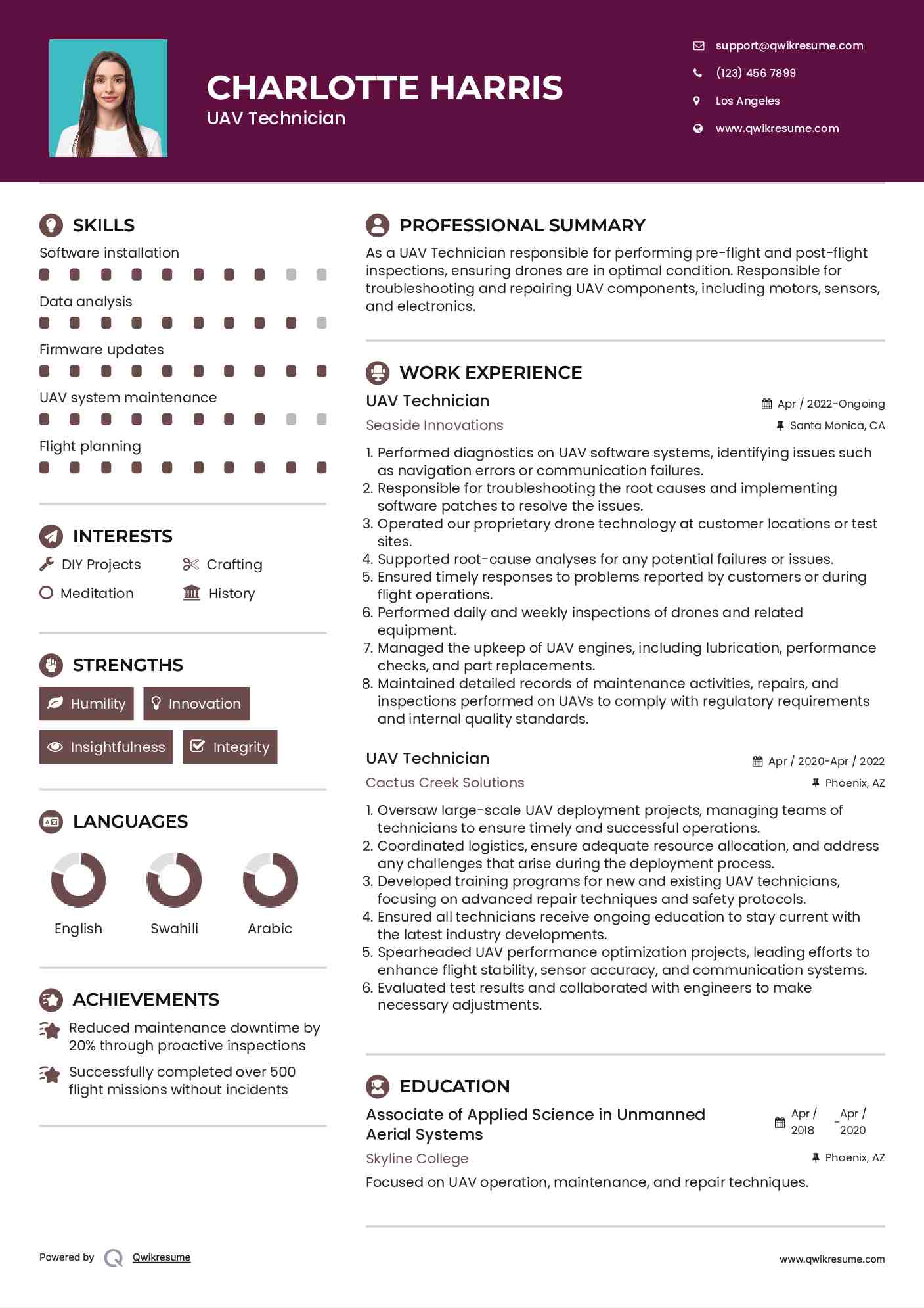 UAV Technician Resume Sample