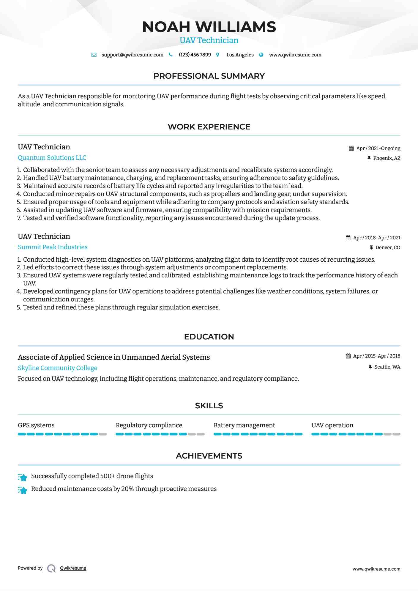 UAV Technician Resume Example