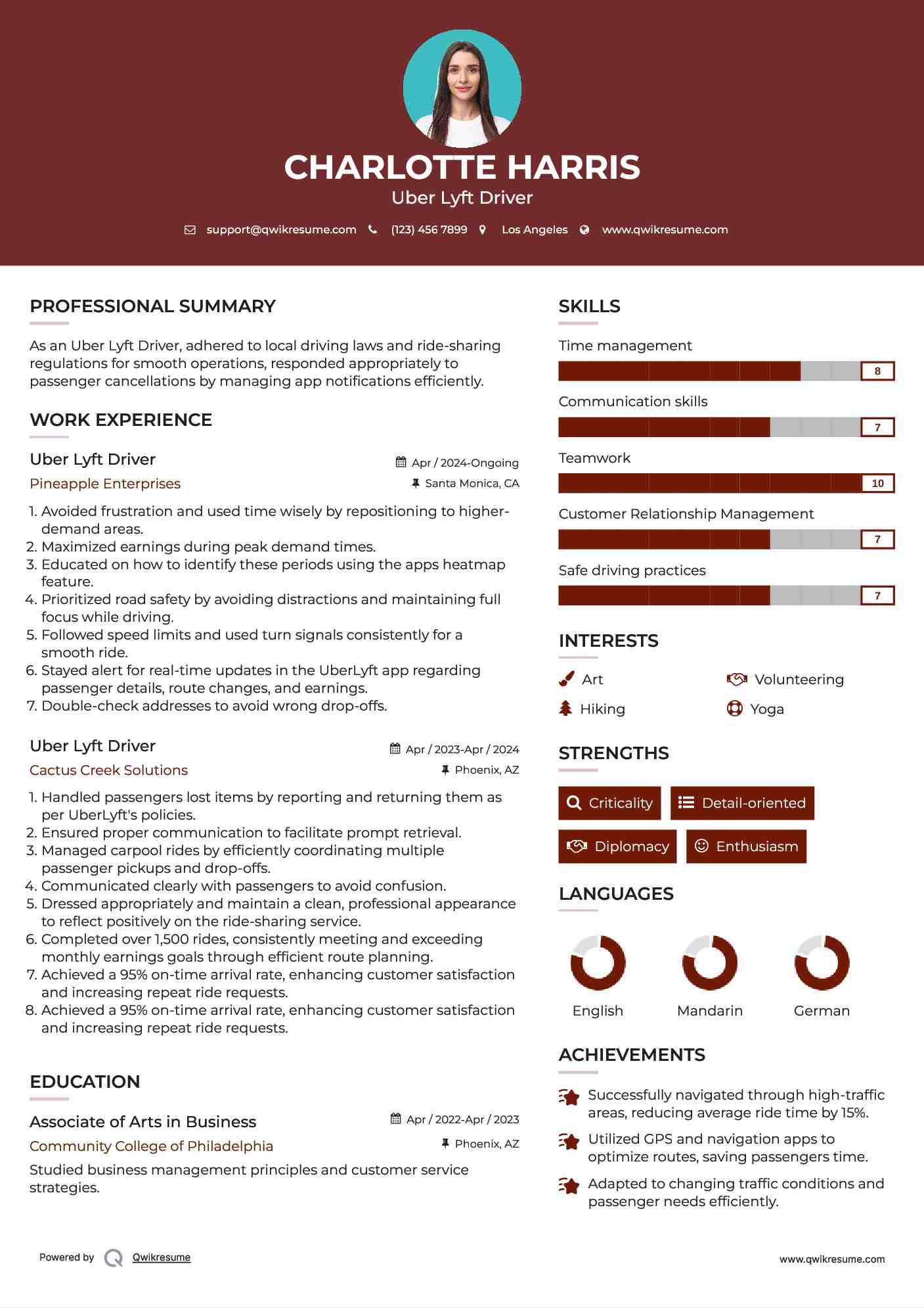 Uber Lyft Driver Resume Format