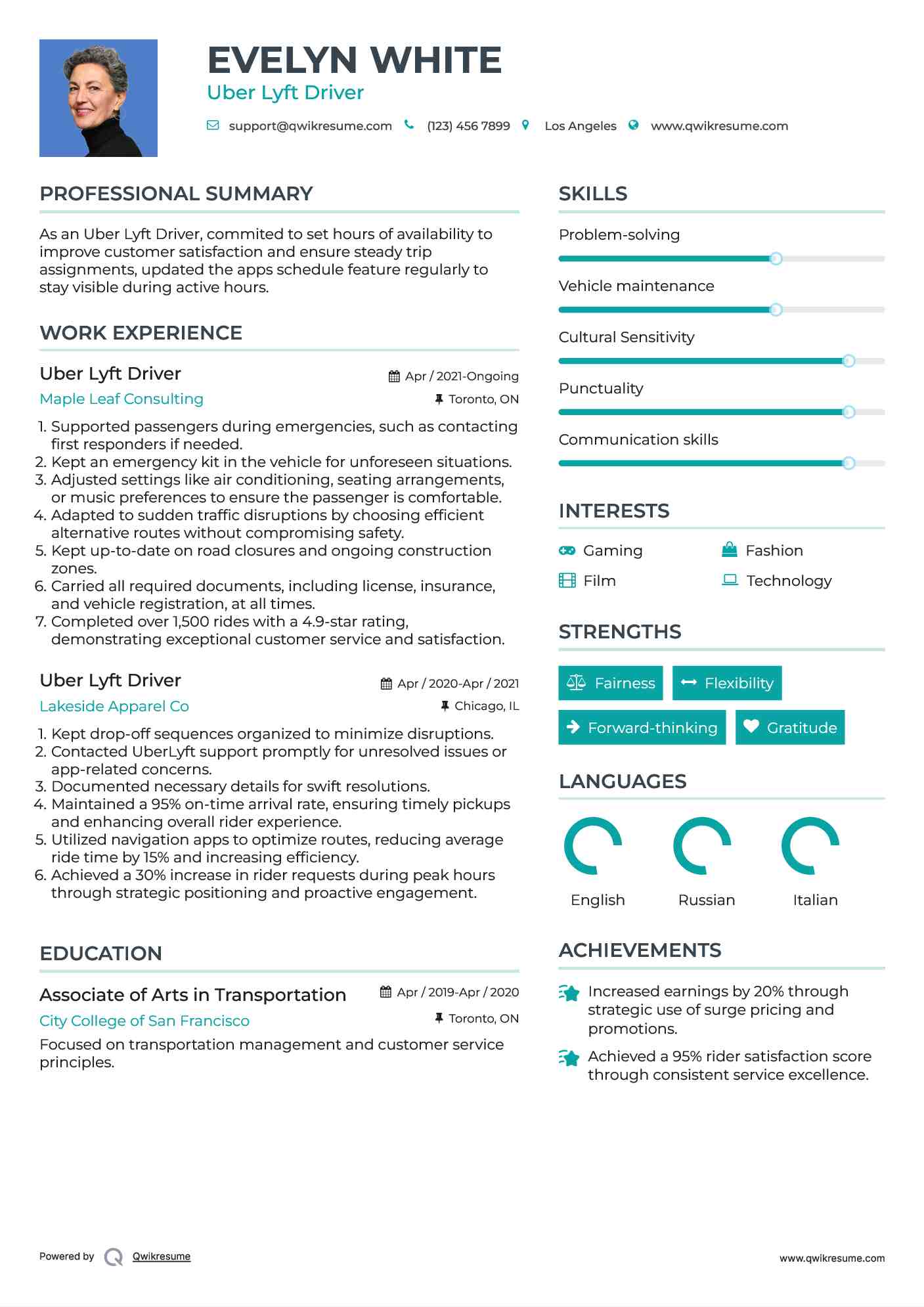 Uber Lyft Driver Resume Example