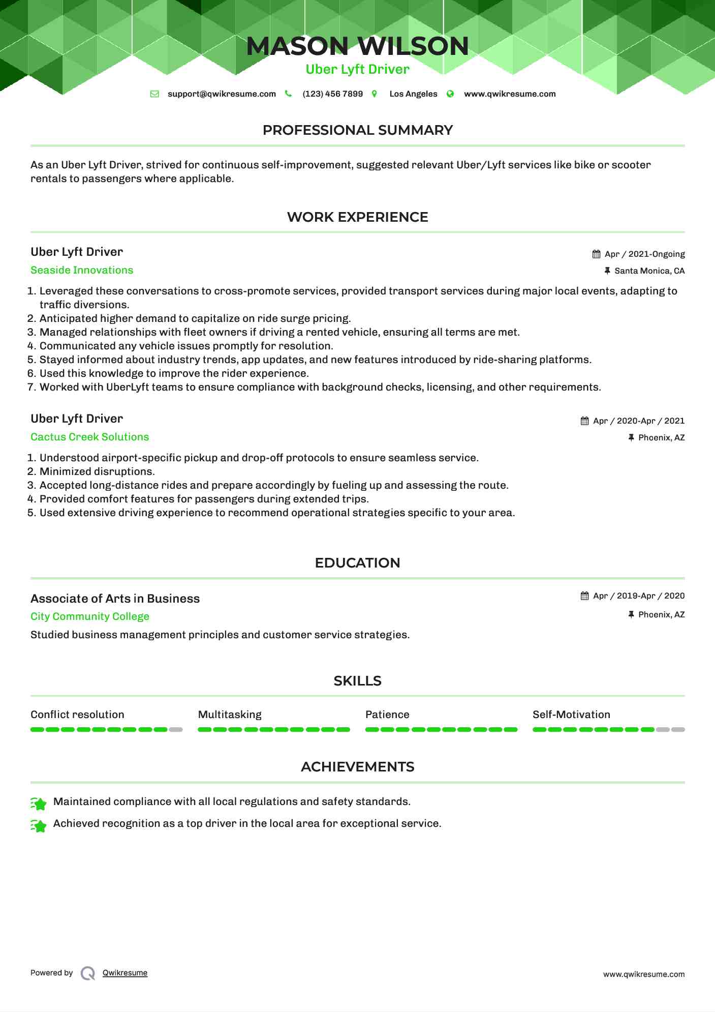Uber Lyft Driver Resume Example