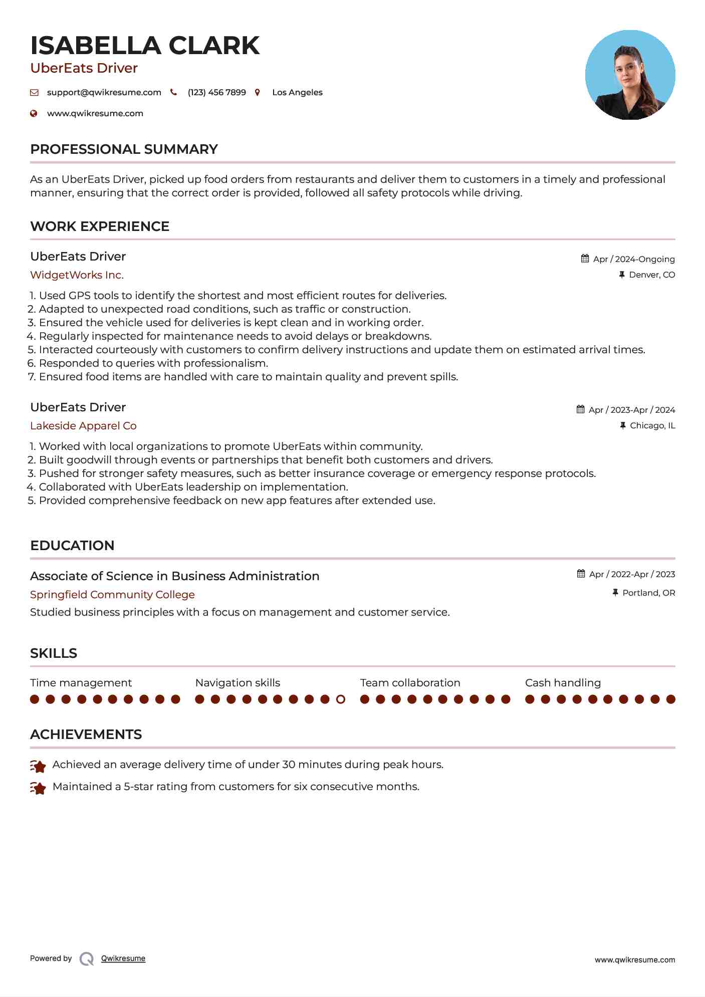 UberEats Driver Resume Format