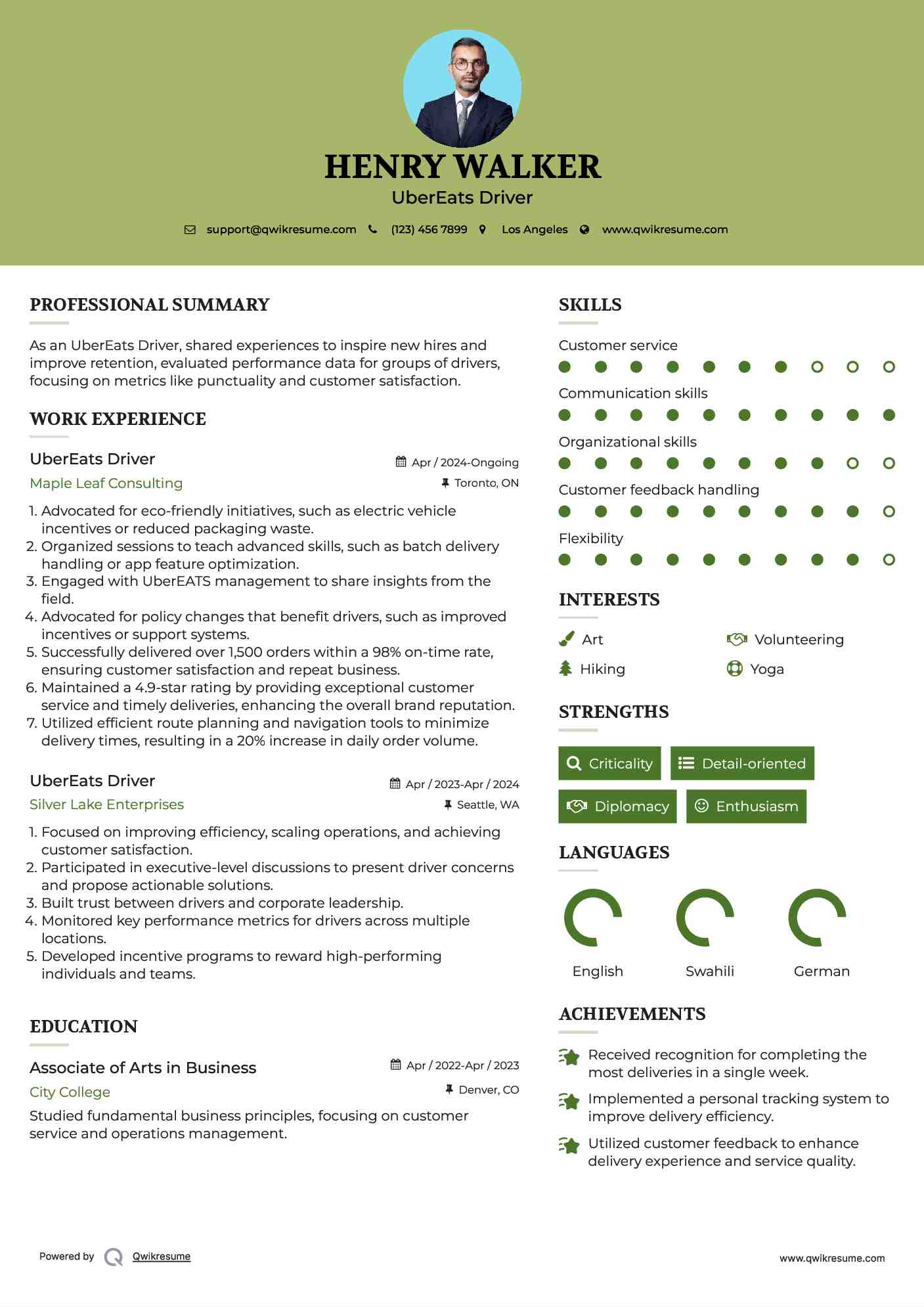 UberEats Driver Resume Model
