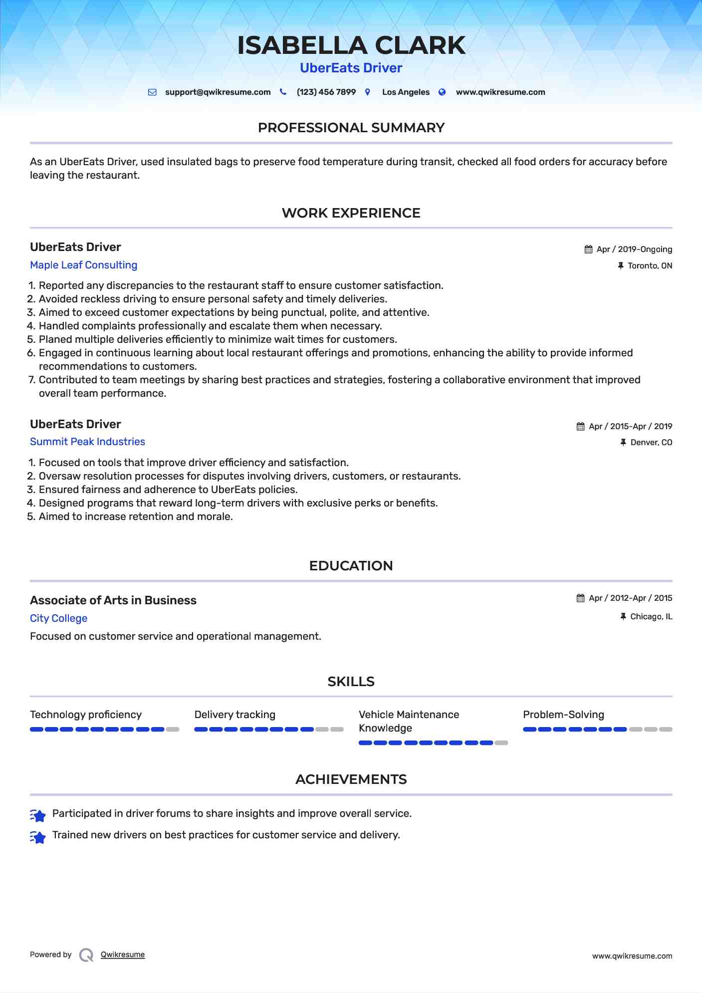 UberEats Driver Resume Model