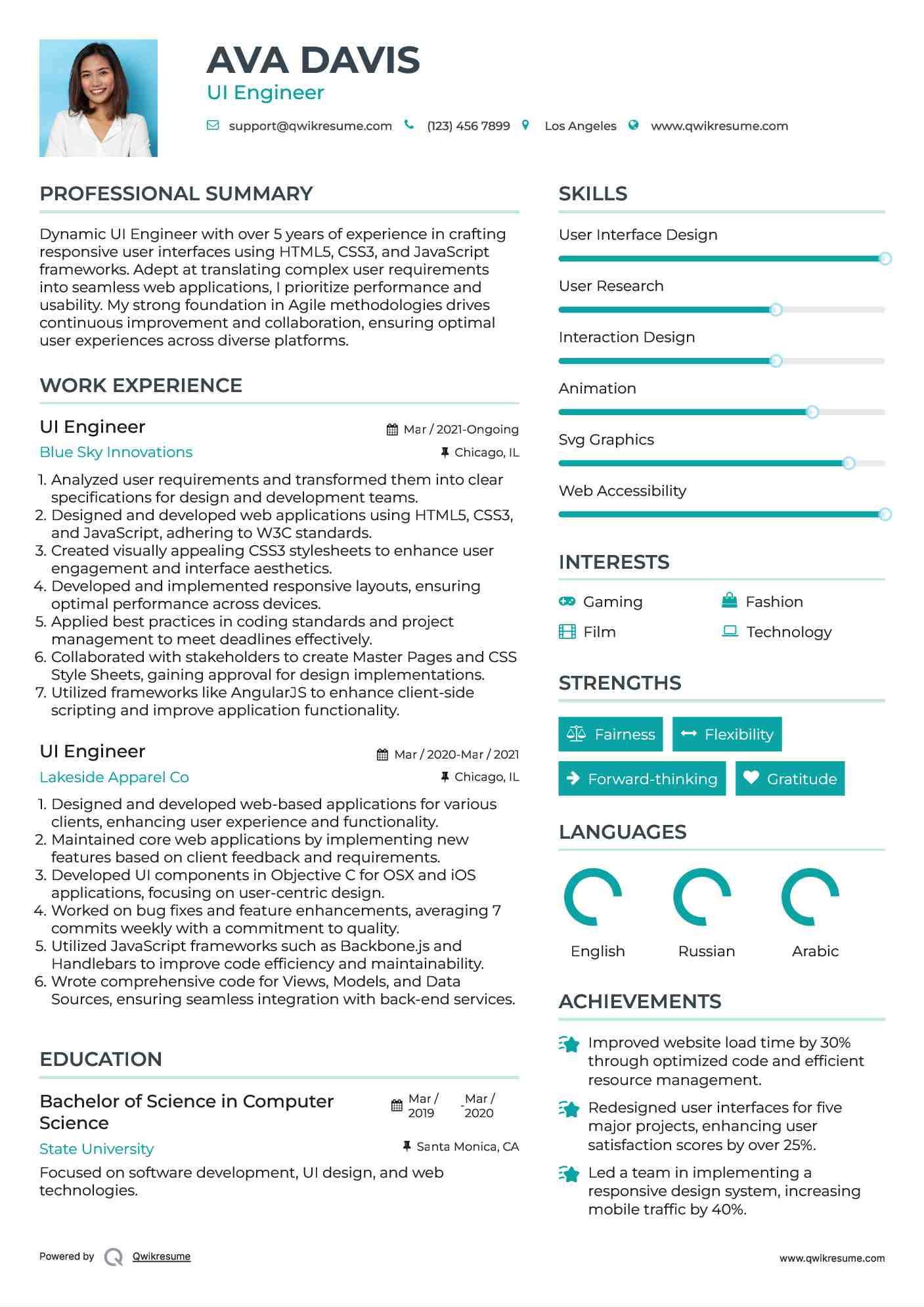 UI Engineer Resume Format