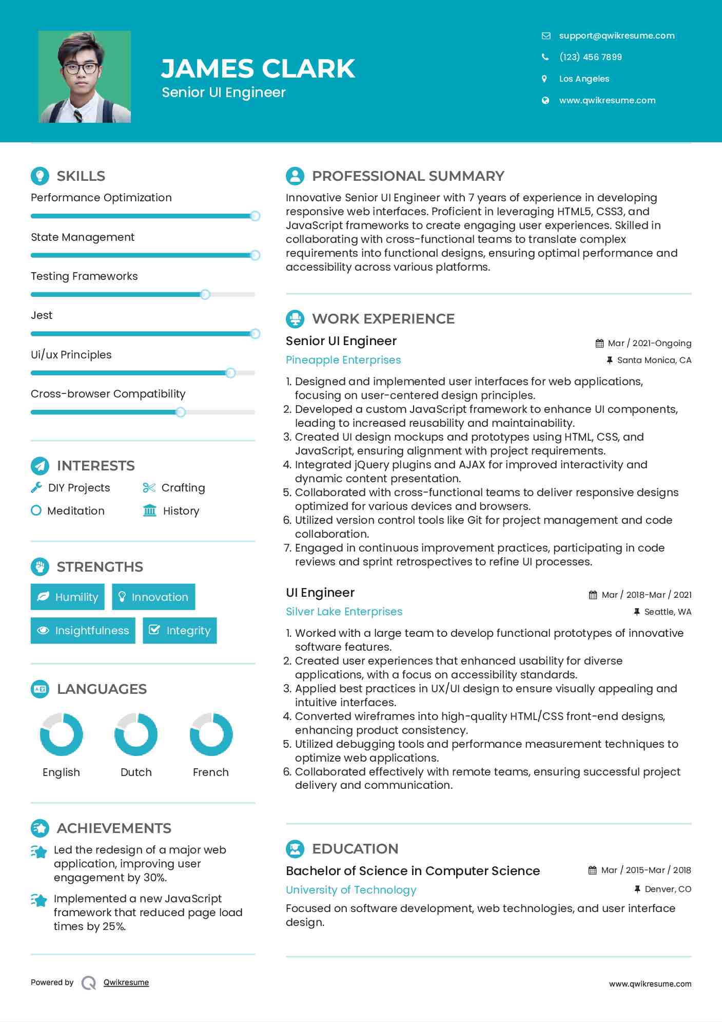 Senior UI Engineer Resume Example