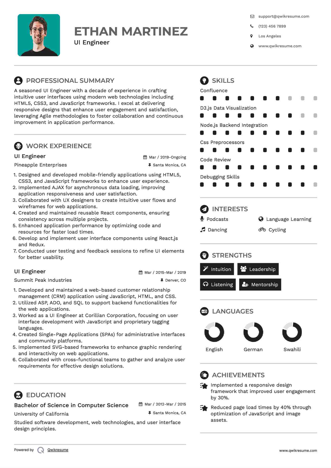 UI Engineer Resume Template