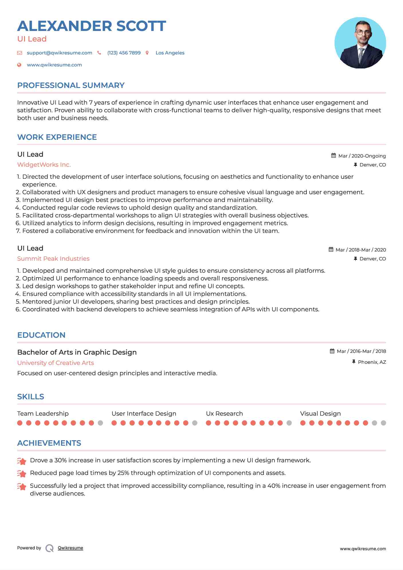 UI Lead Resume Example