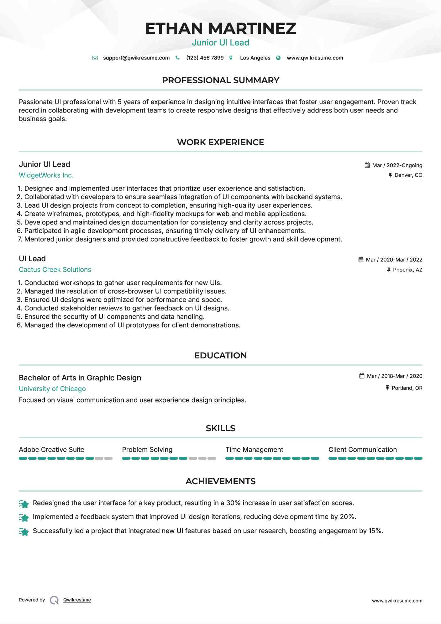 Junior UI Lead Resume Format
