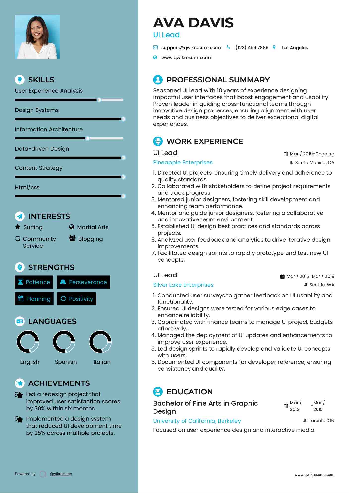UI Lead Resume Example