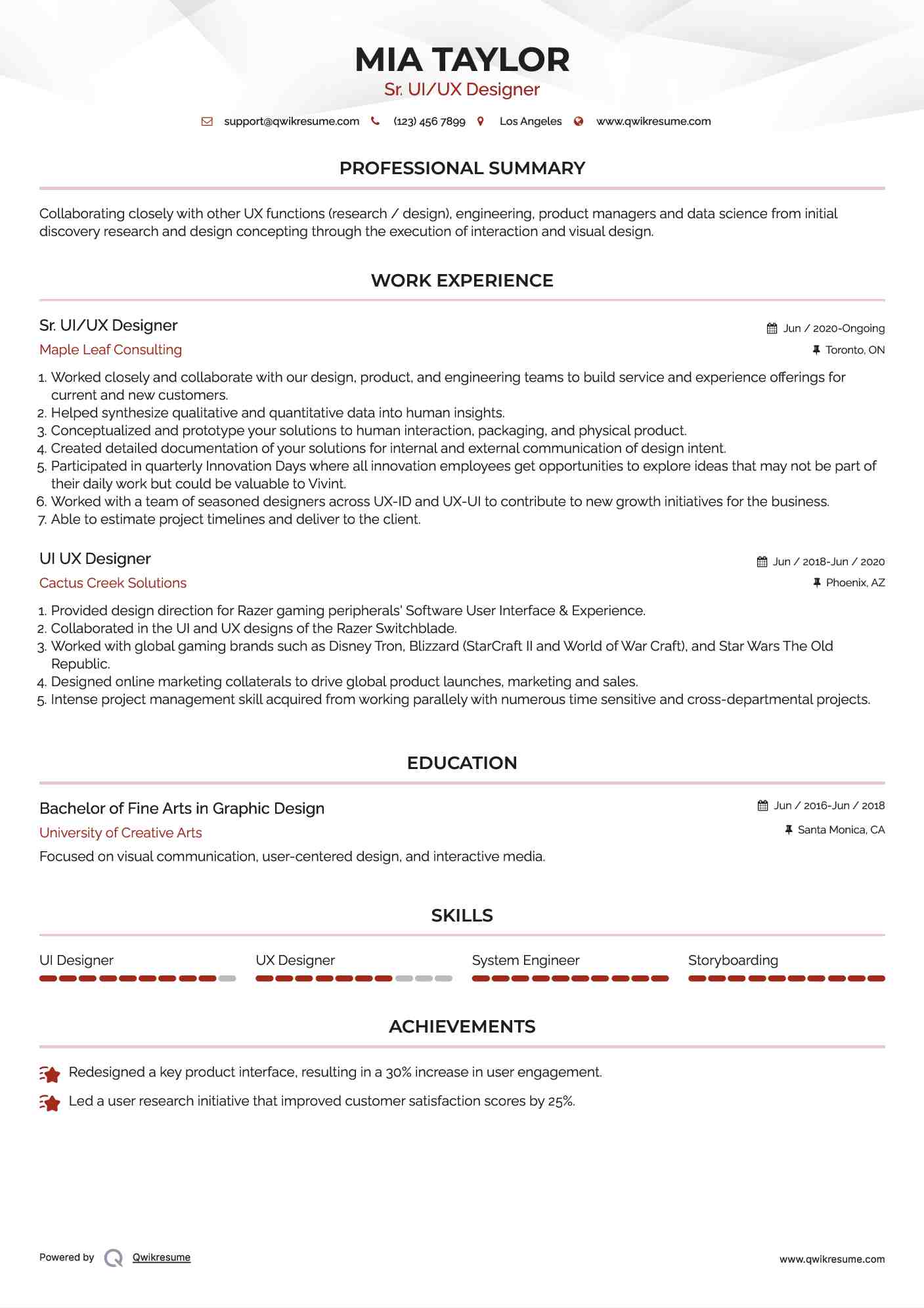 Sr. UI/UX Designer Resume Example