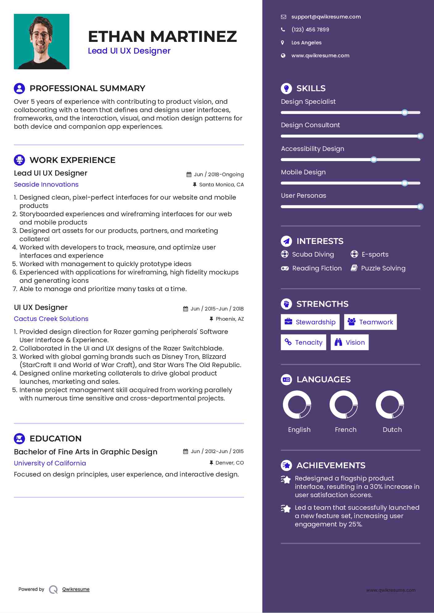 Lead UI UX Designer Resume Example