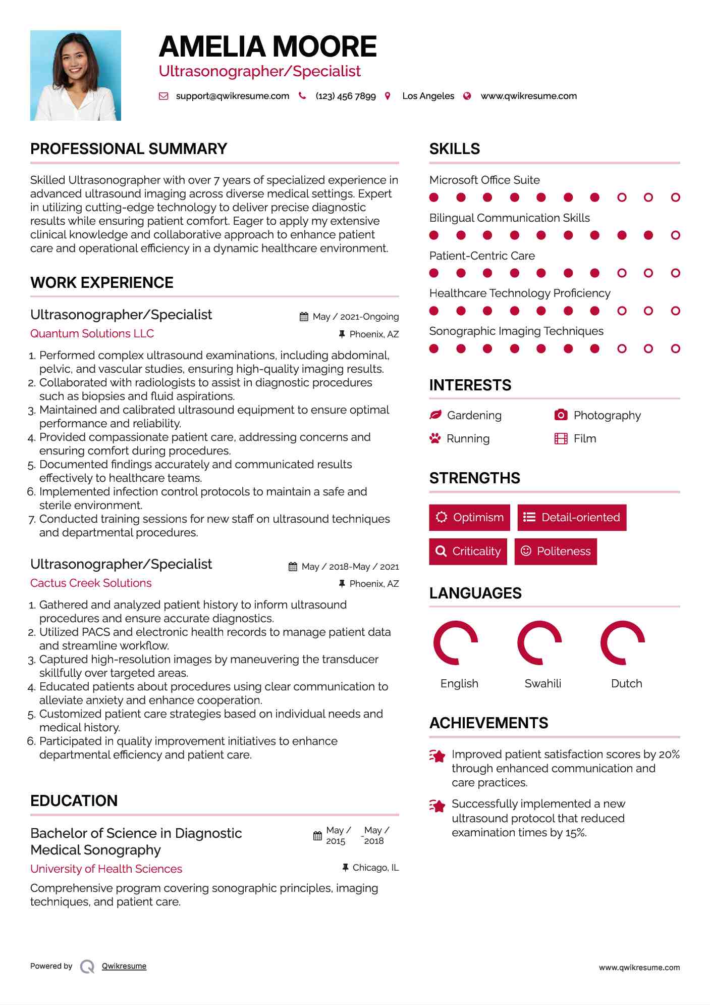 Ultrasonographer/Specialist Resume Example