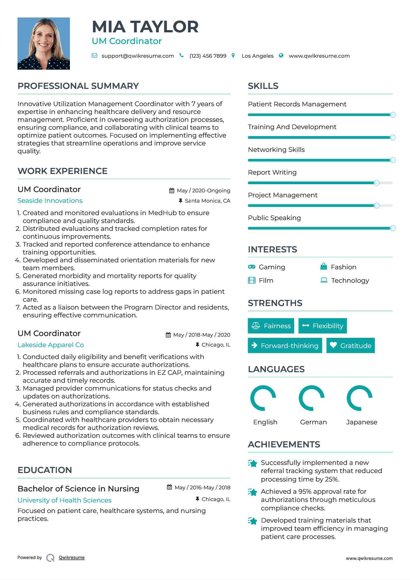 UM Coordinator Resume Sample