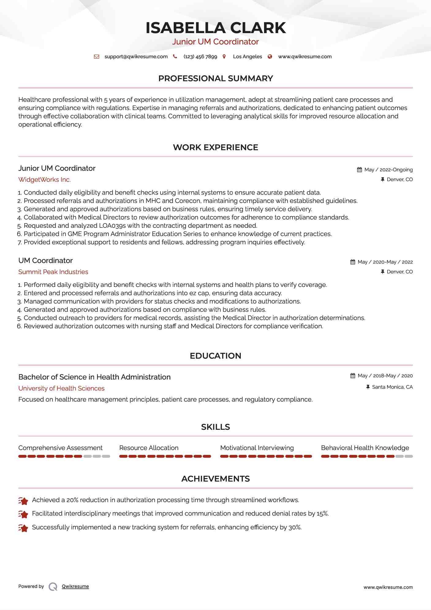 Junior UM Coordinator Resume Model