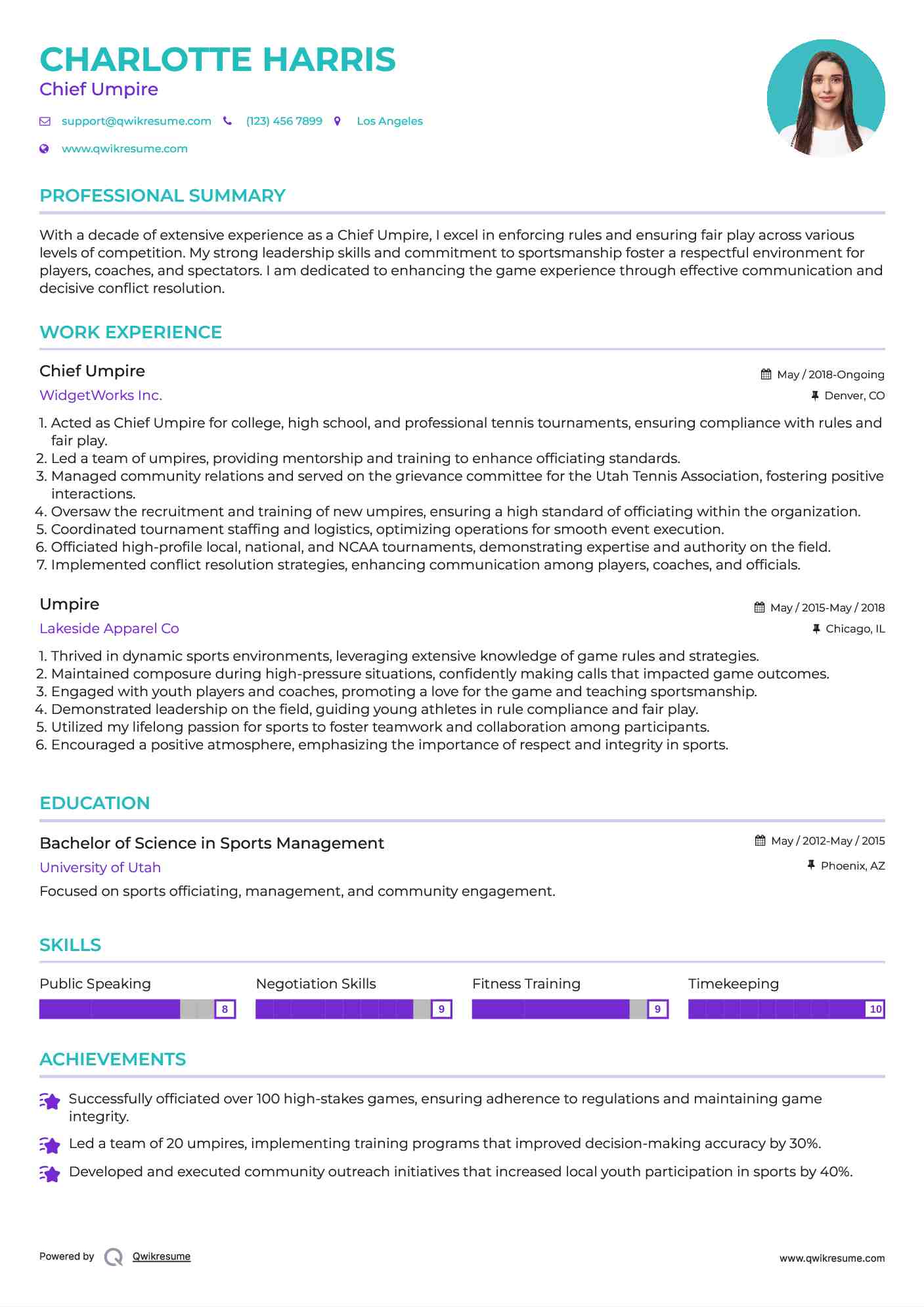 Chief Umpire Resume Sample