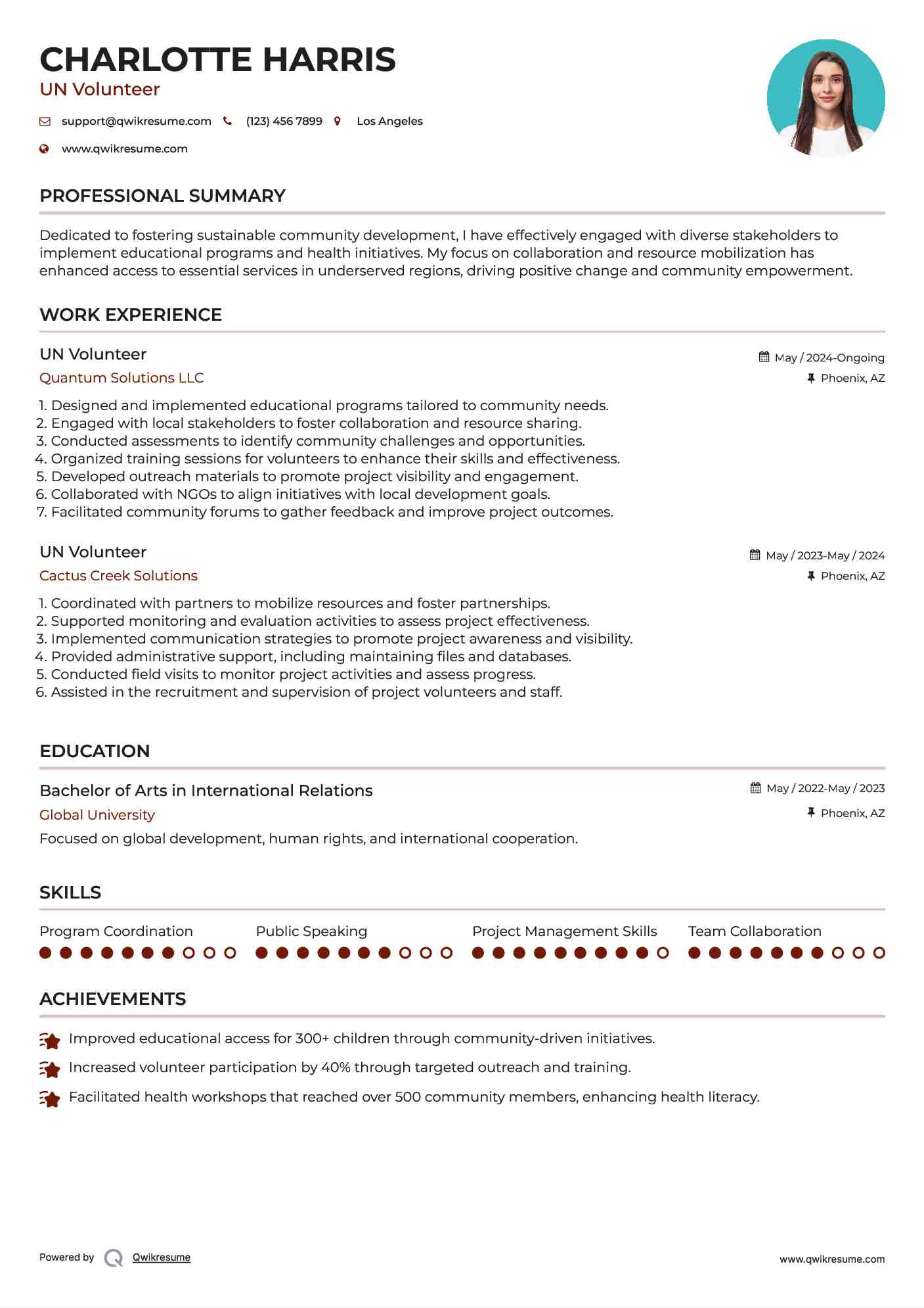 UN Volunteer Resume Example