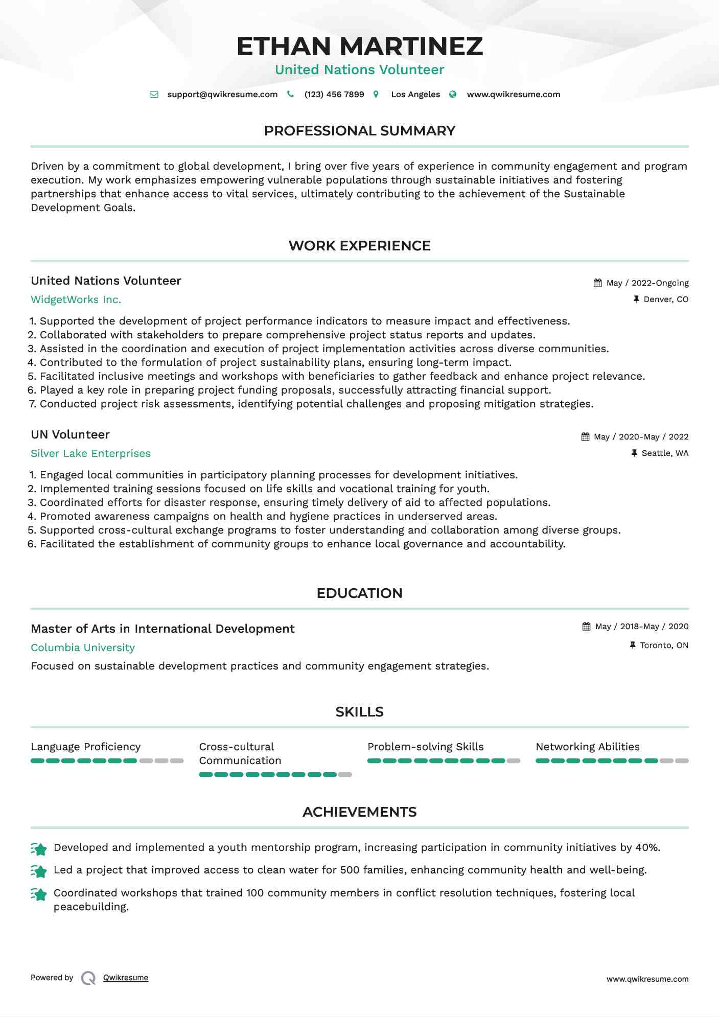 United Nations Volunteer Resume Sample