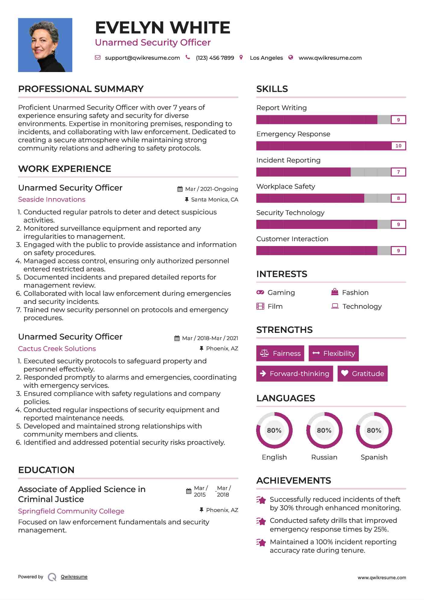 Unarmed Security Officer Resume Sample