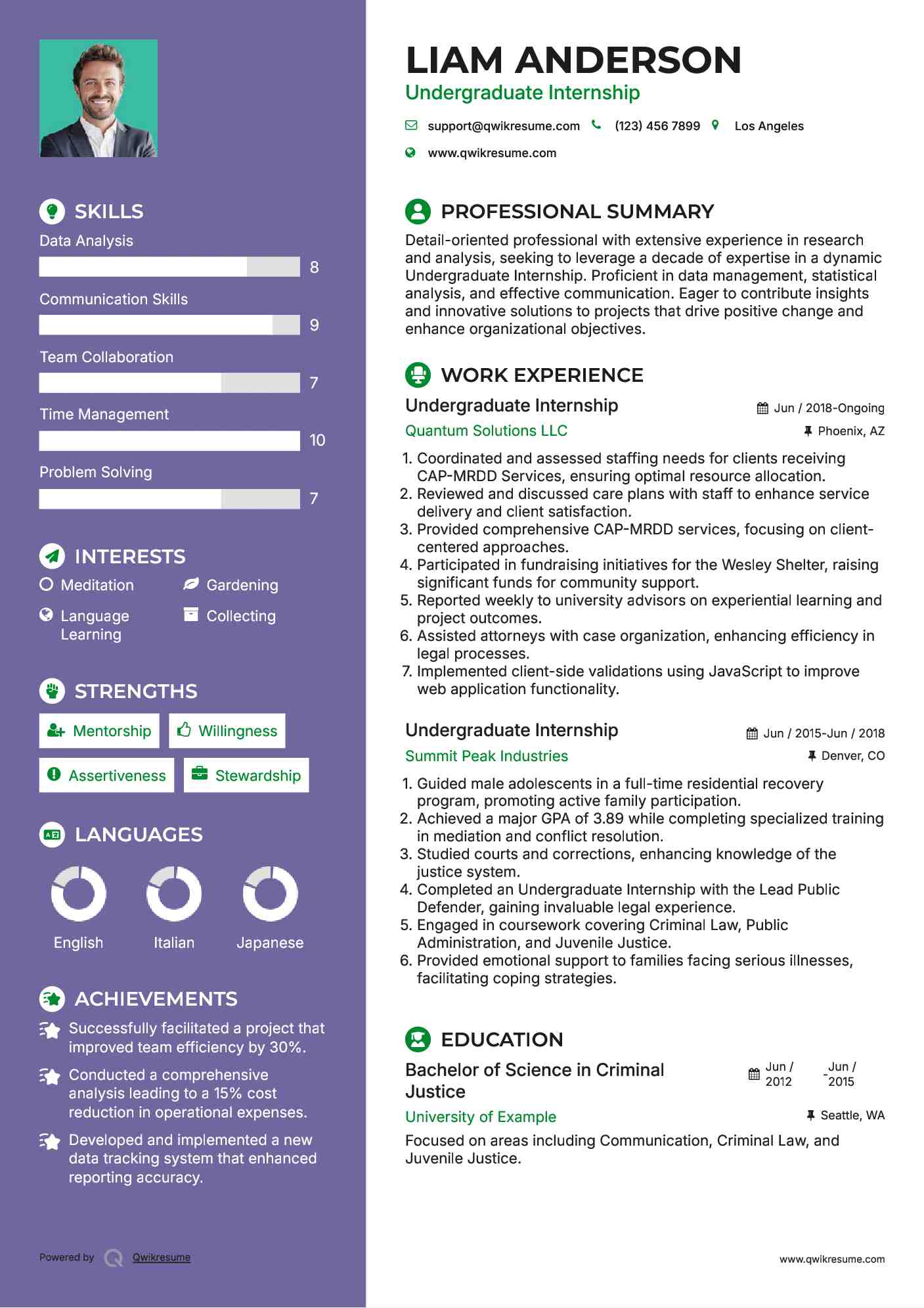 Undergraduate Internship Resume Model