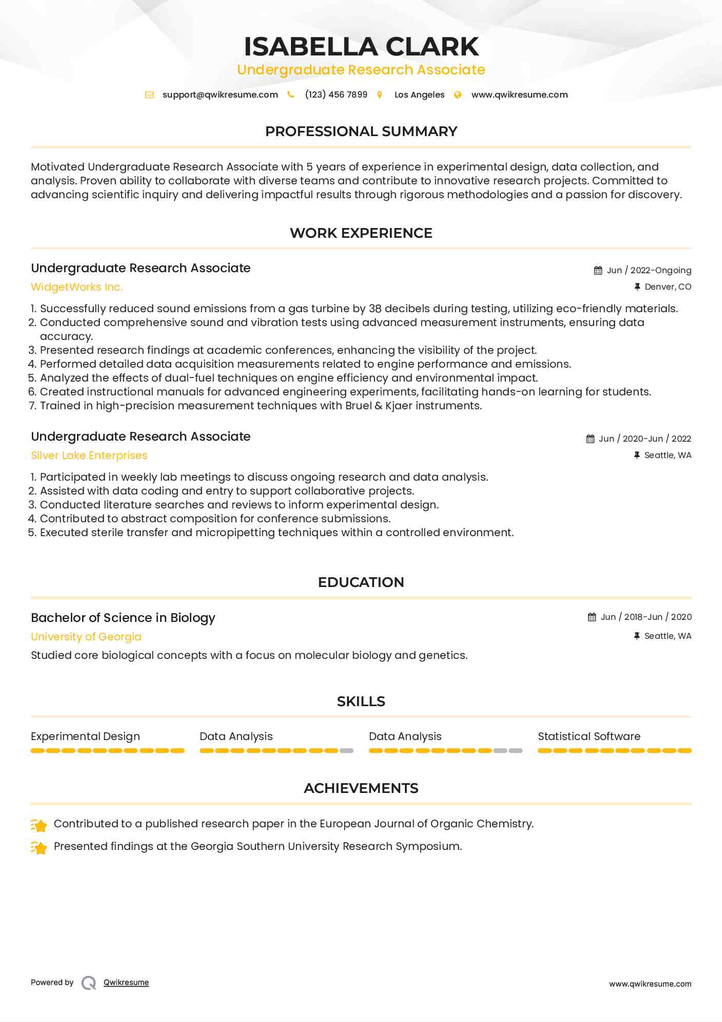 Undergraduate Research Associate Resume Model