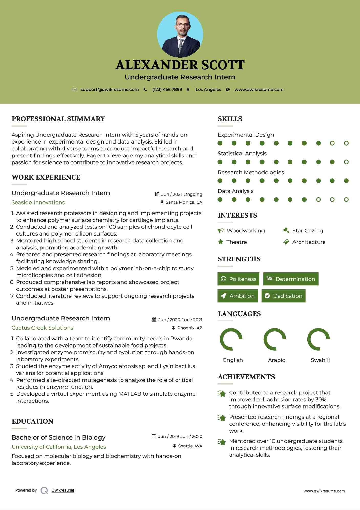 Undergraduate Research Intern Resume Sample