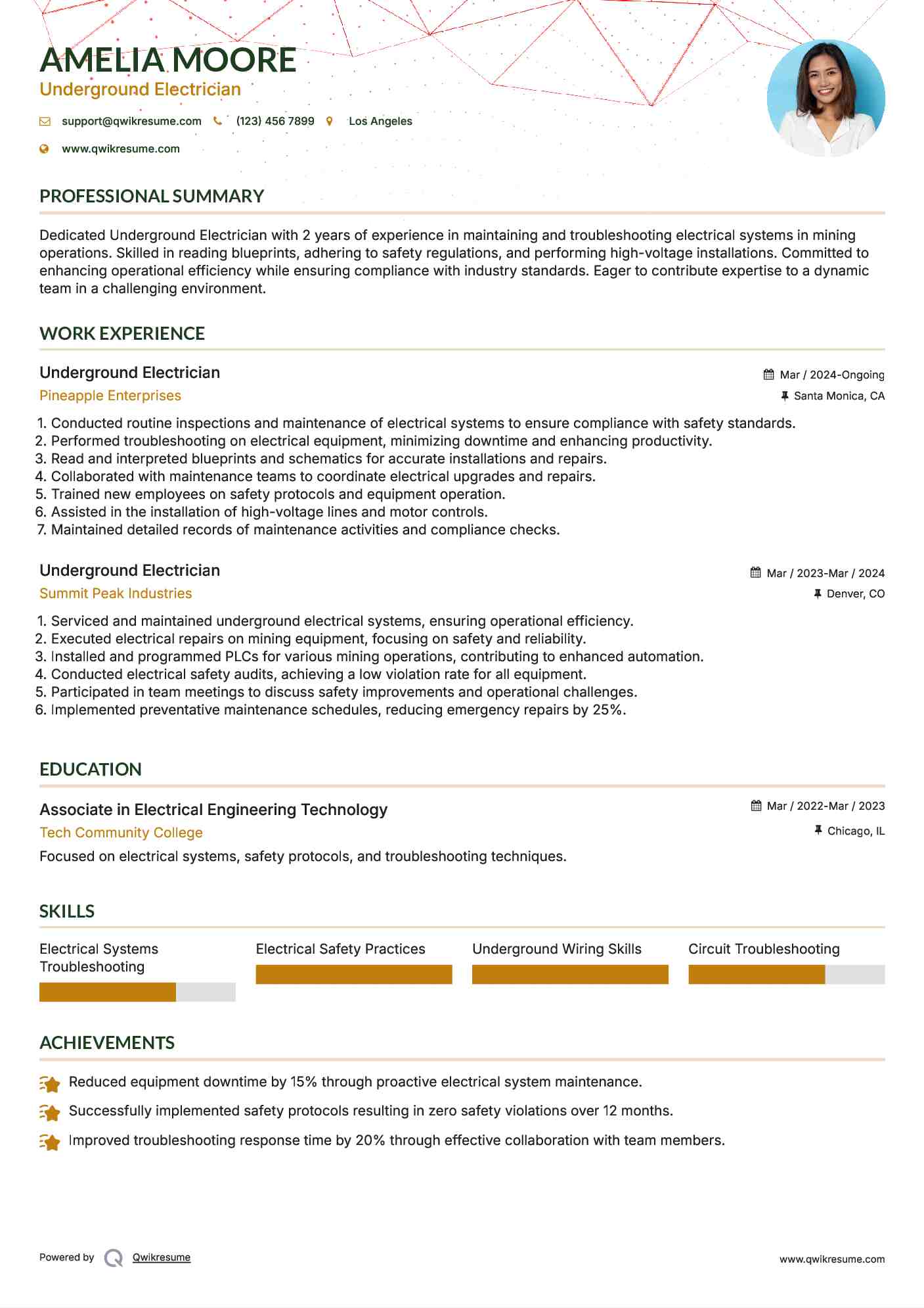 Underground Electrician Resume Example