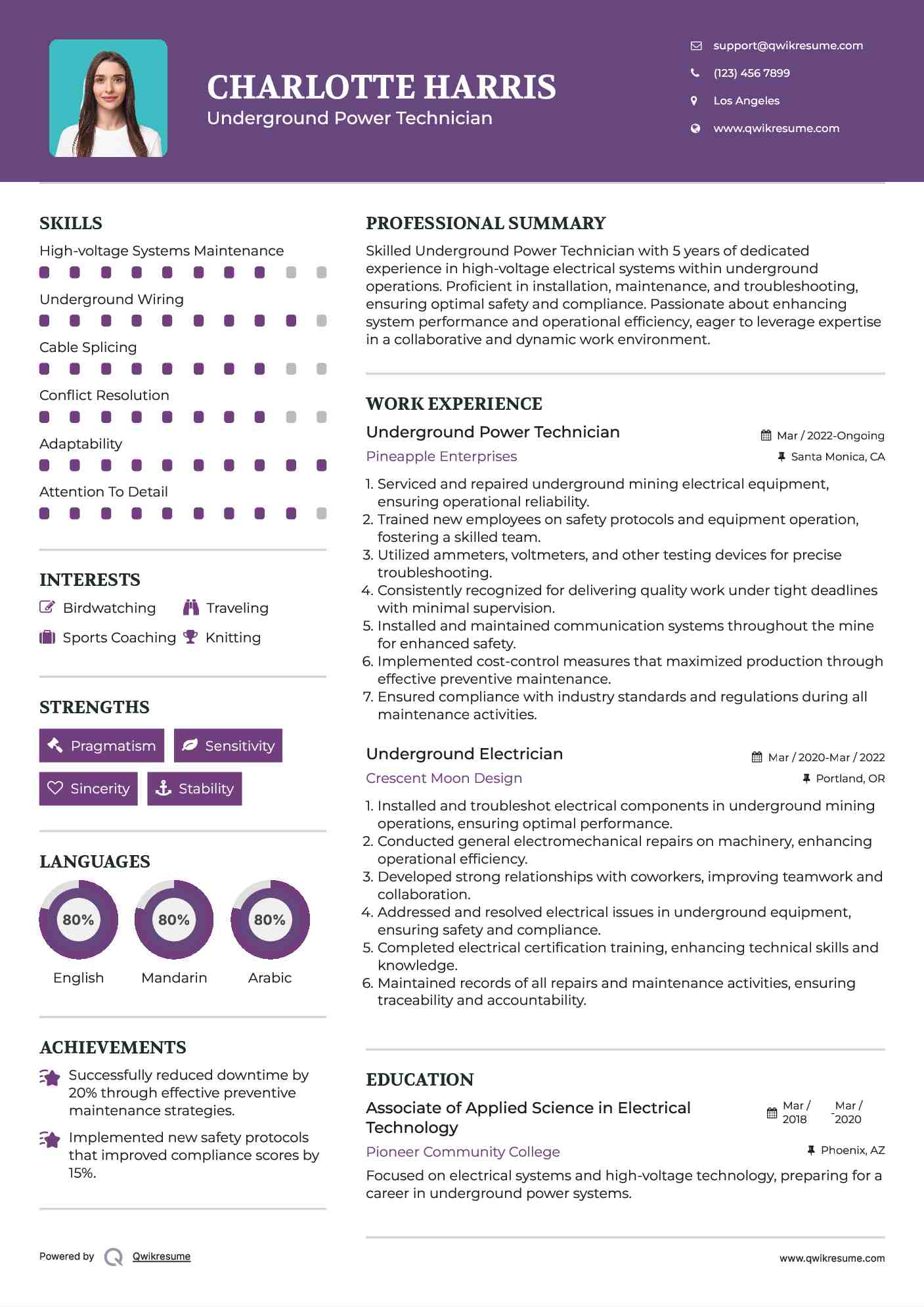 Underground Power Technician Resume Example