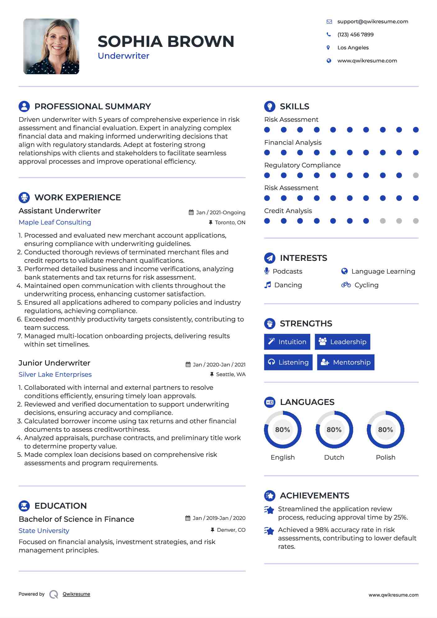 Assistant Underwriter Resume Example