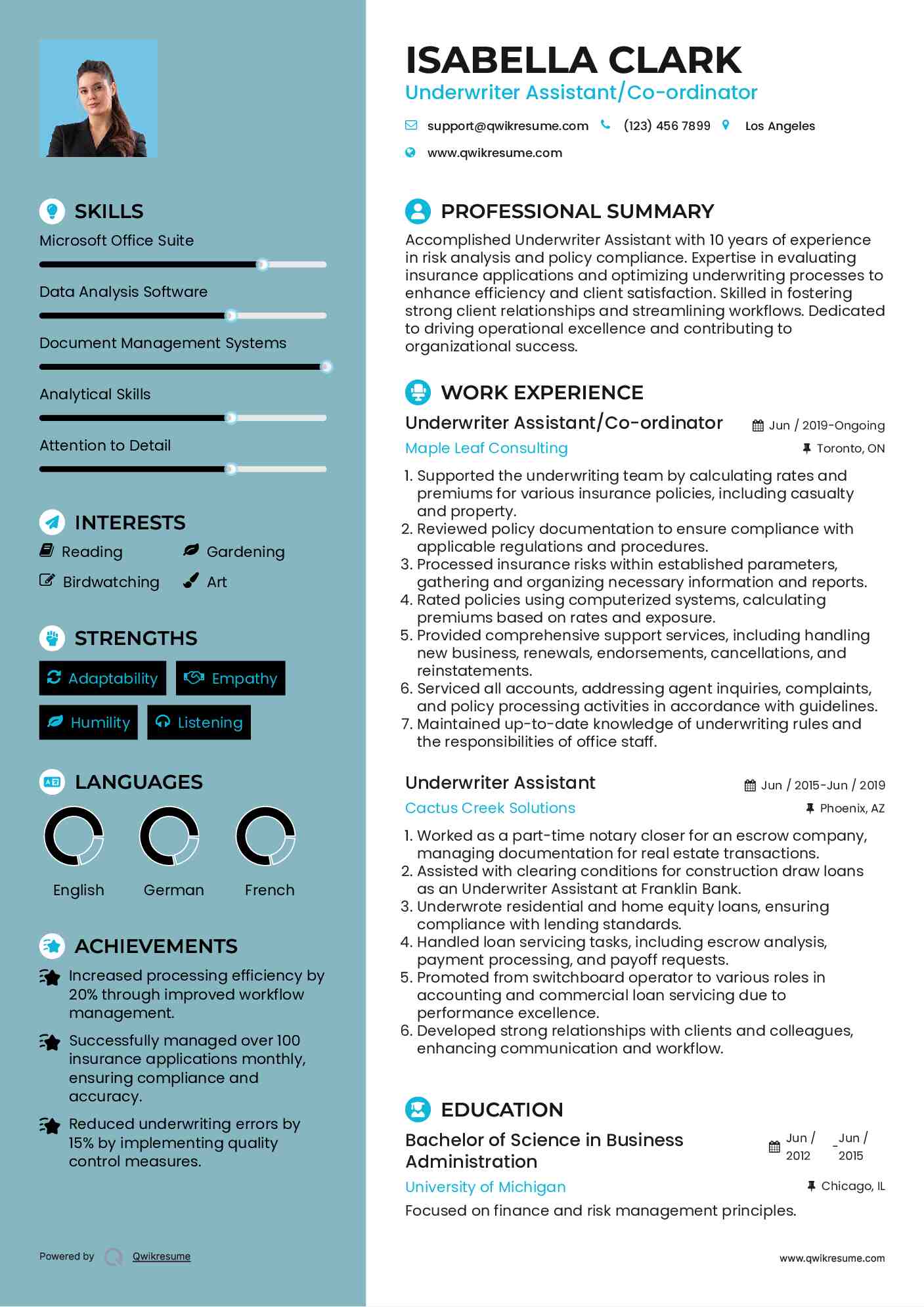 Underwriter Assistant/Co-ordinator Resume Sample