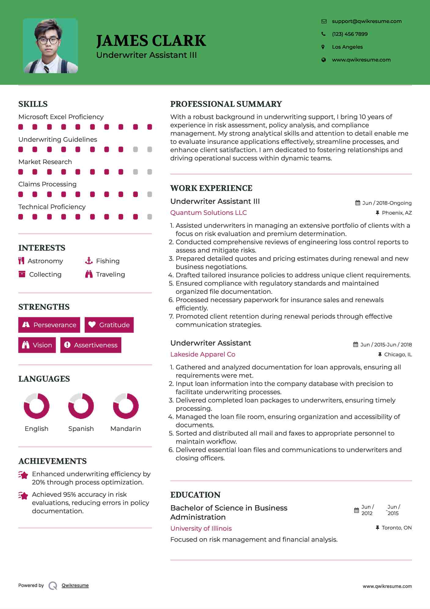 Underwriter Assistant III Resume Template