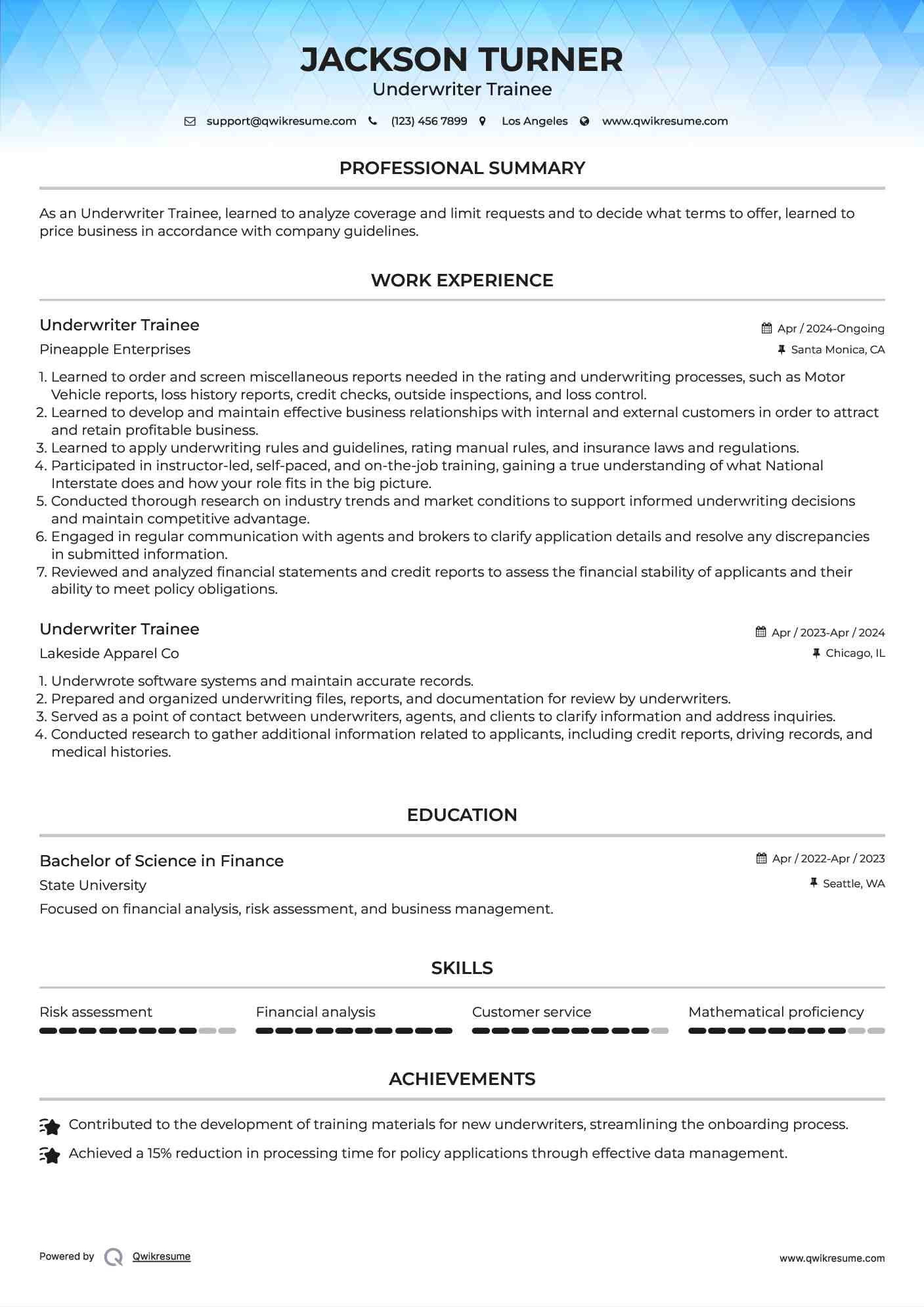 Underwriter Trainee Resume Sample