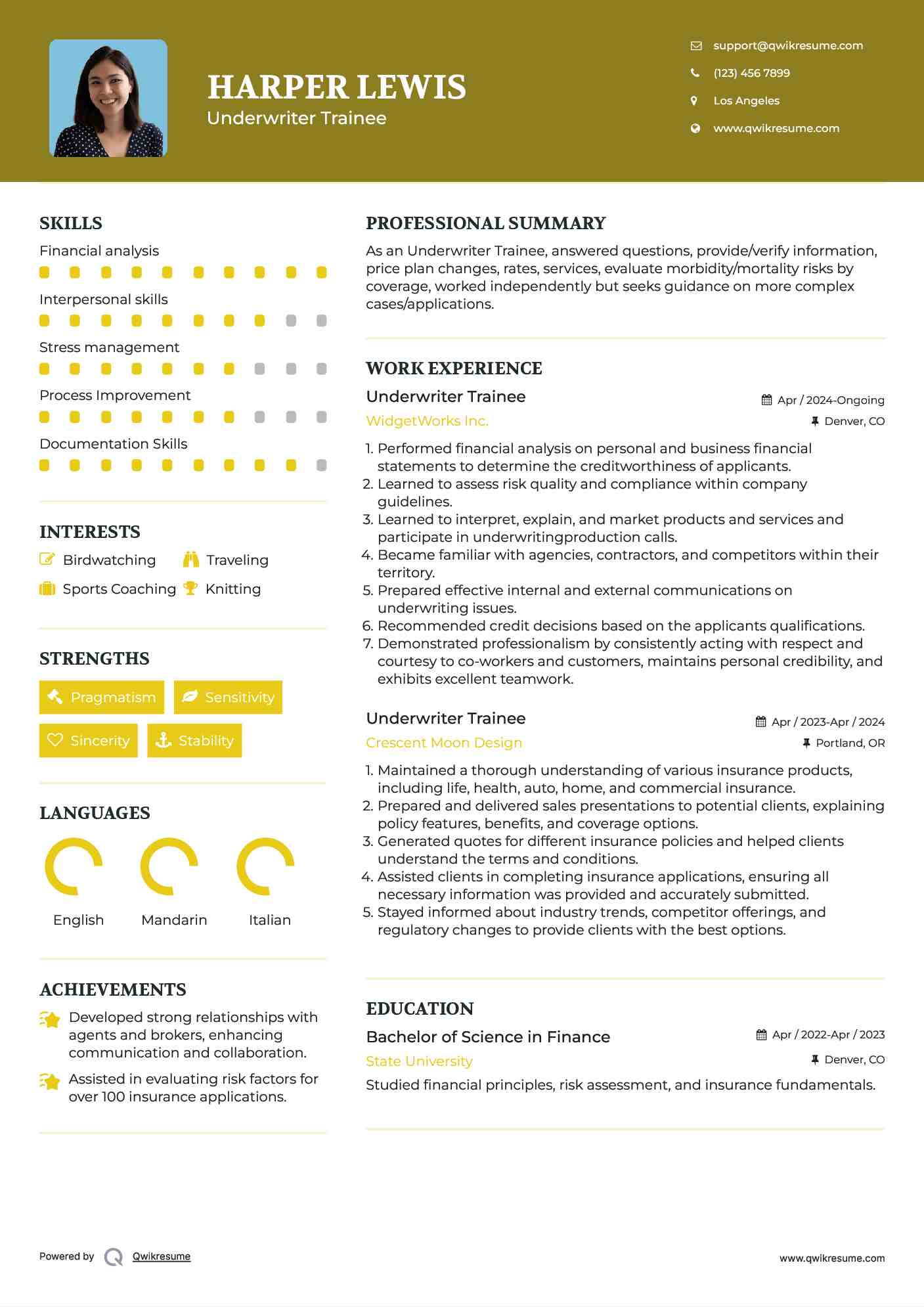 Underwriter Trainee Resume Sample