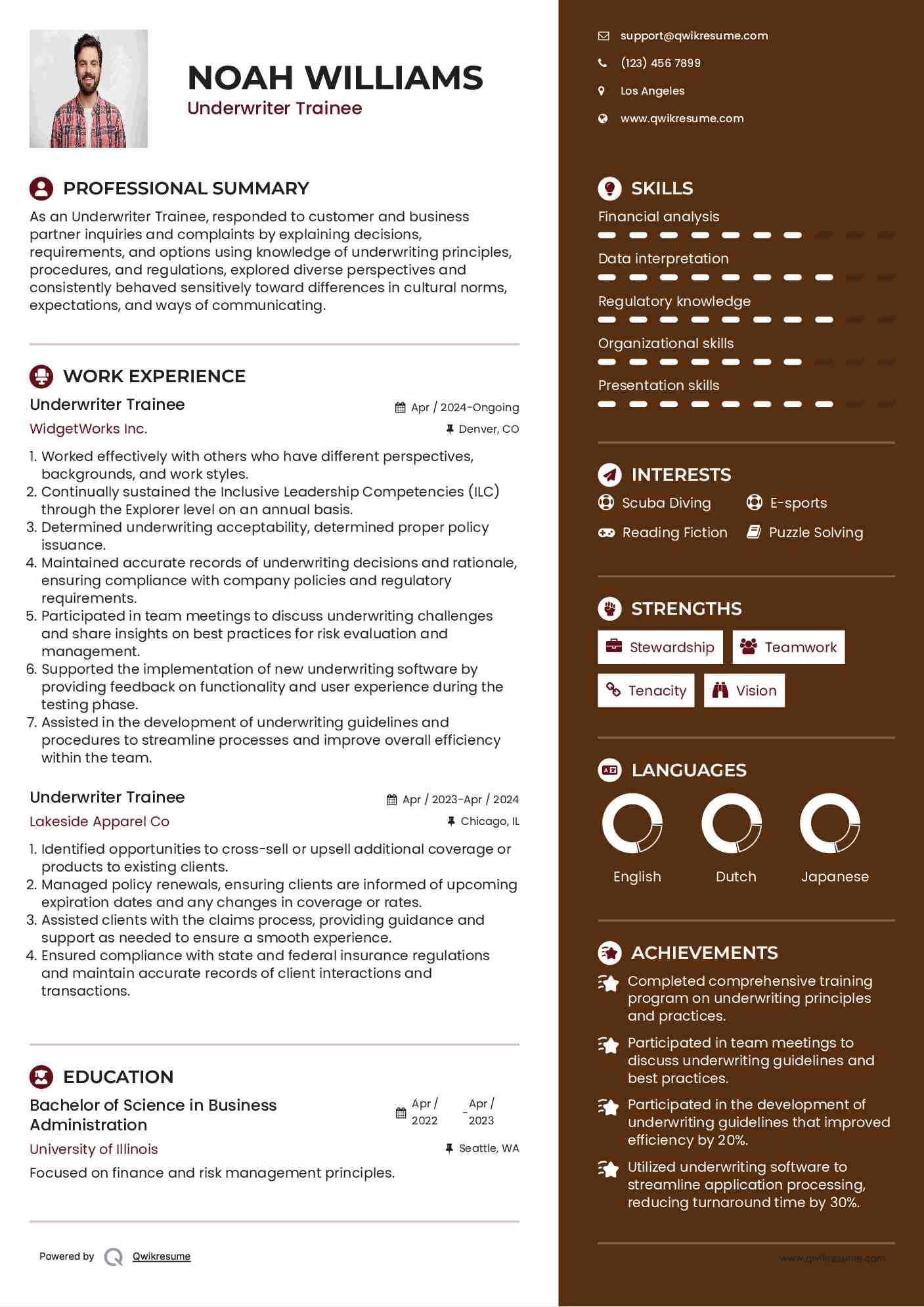 Underwriter Trainee Resume Sample