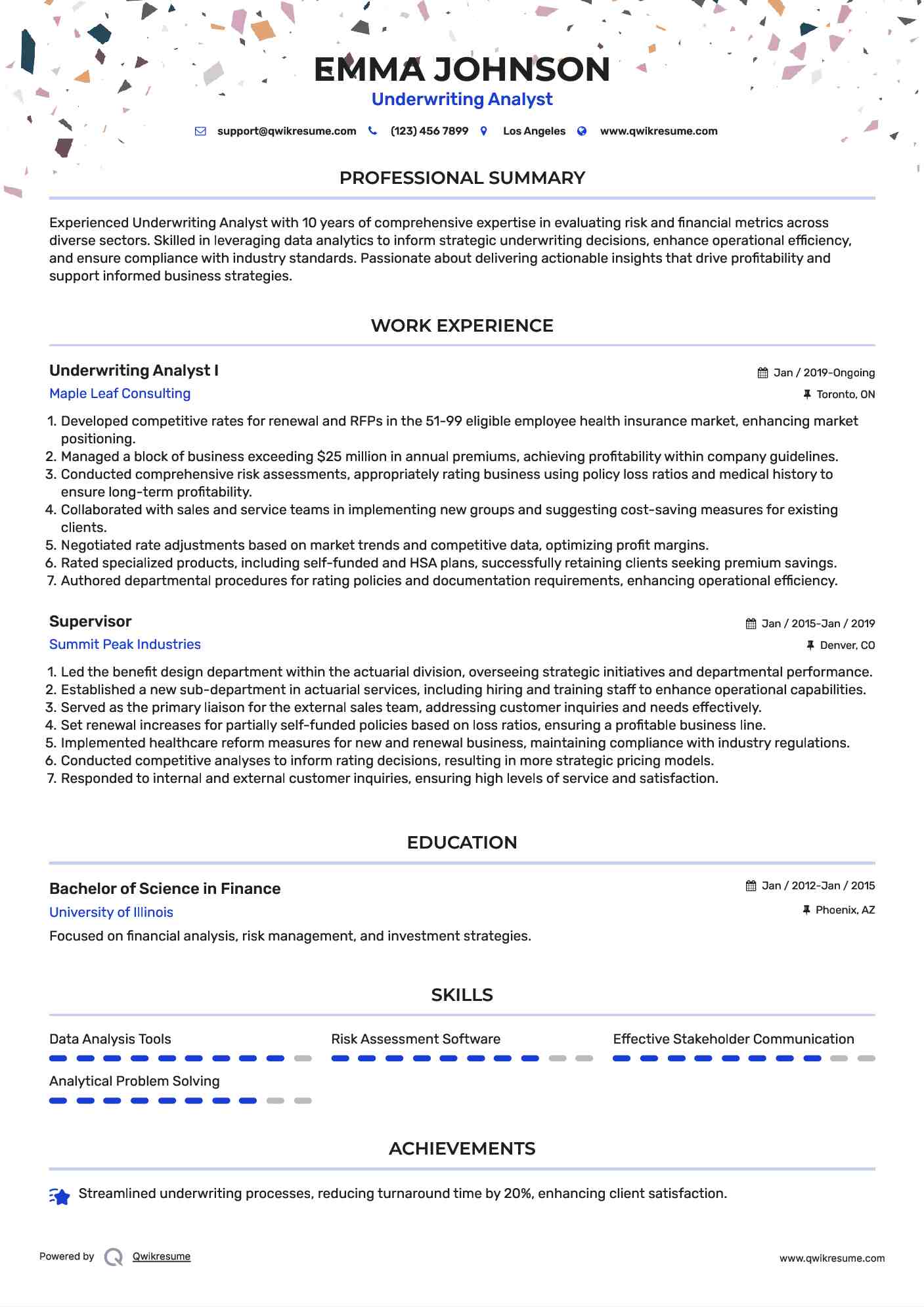 Underwriting Analyst I Resume Sample