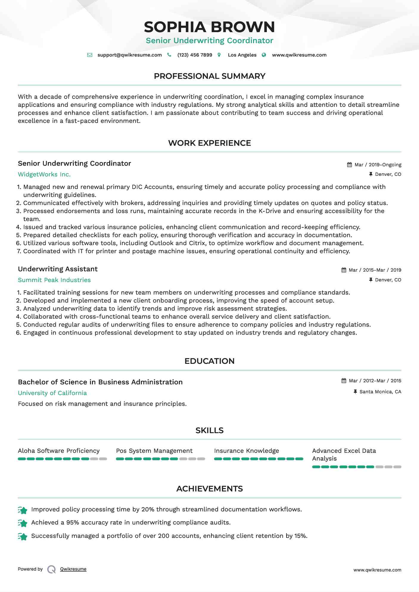 Senior Underwriting Coordinator Resume Format