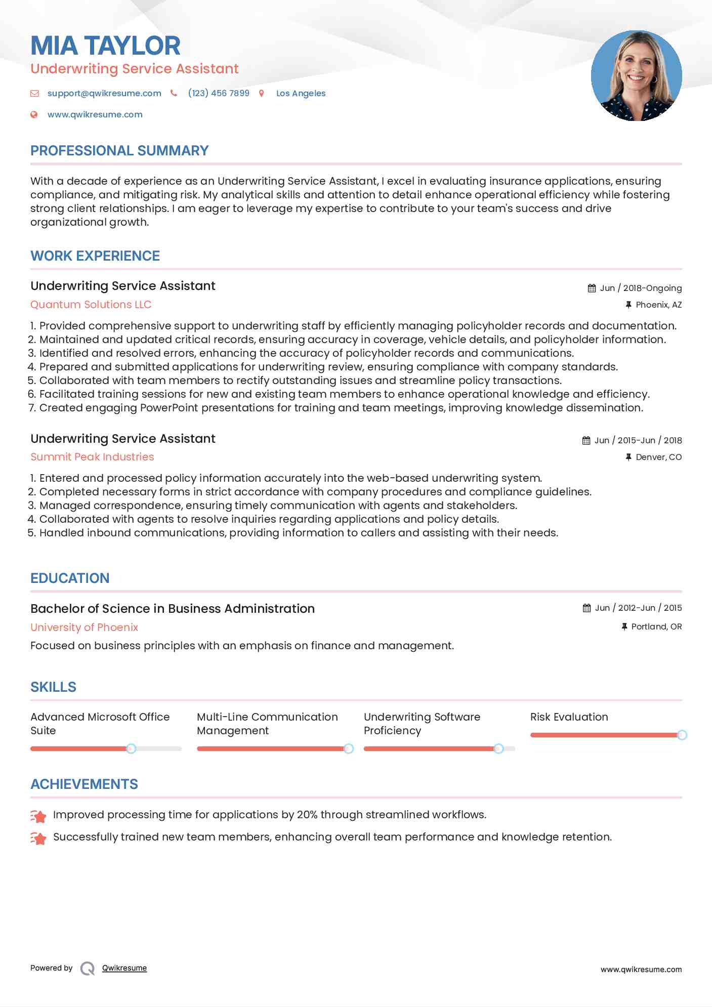 Underwriting Service Assistant Resume Sample